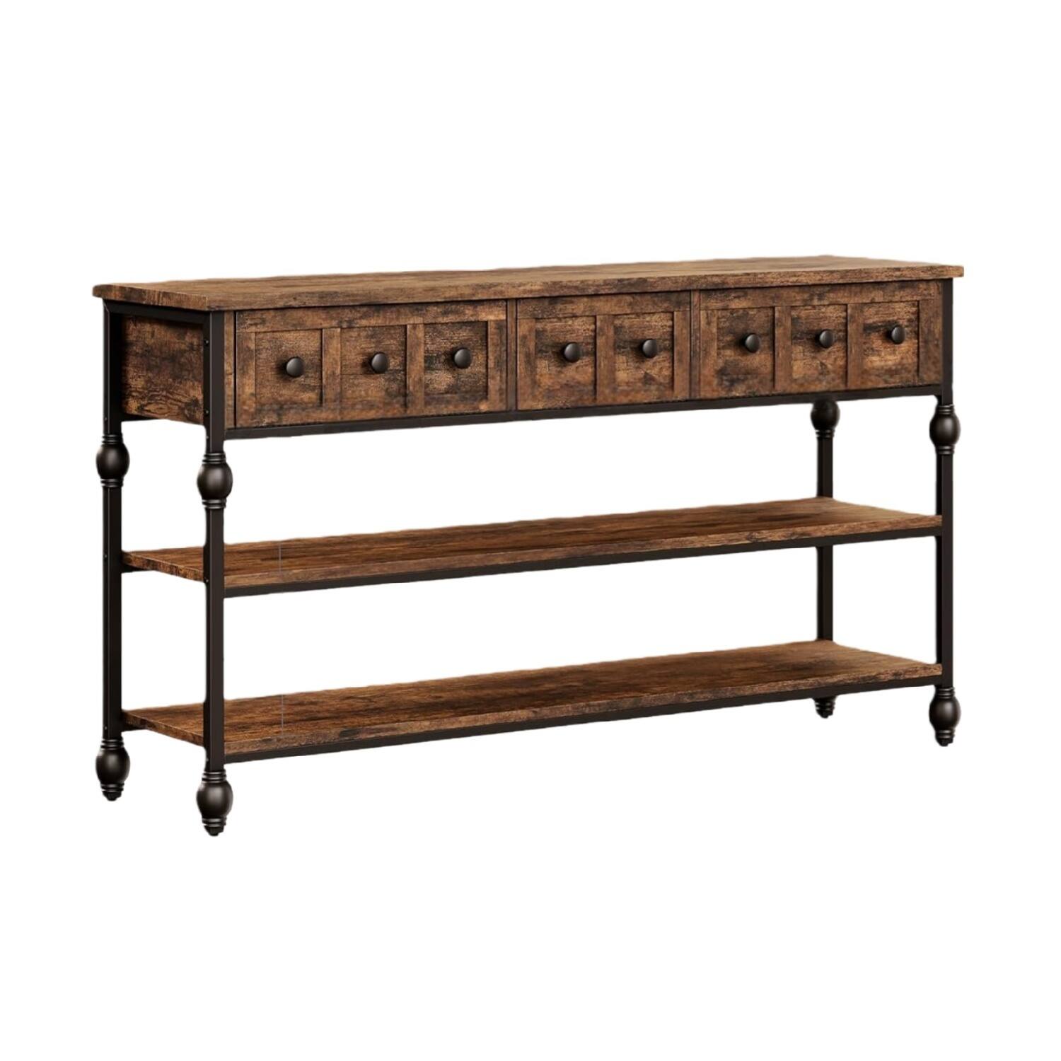 Angle. GARVEE - Long 53" Console Sofa Table with 3 Drawers, Entryway Table with 3-Tier Storage Shelves, Industrial Display Shelf - Rustic Brown.