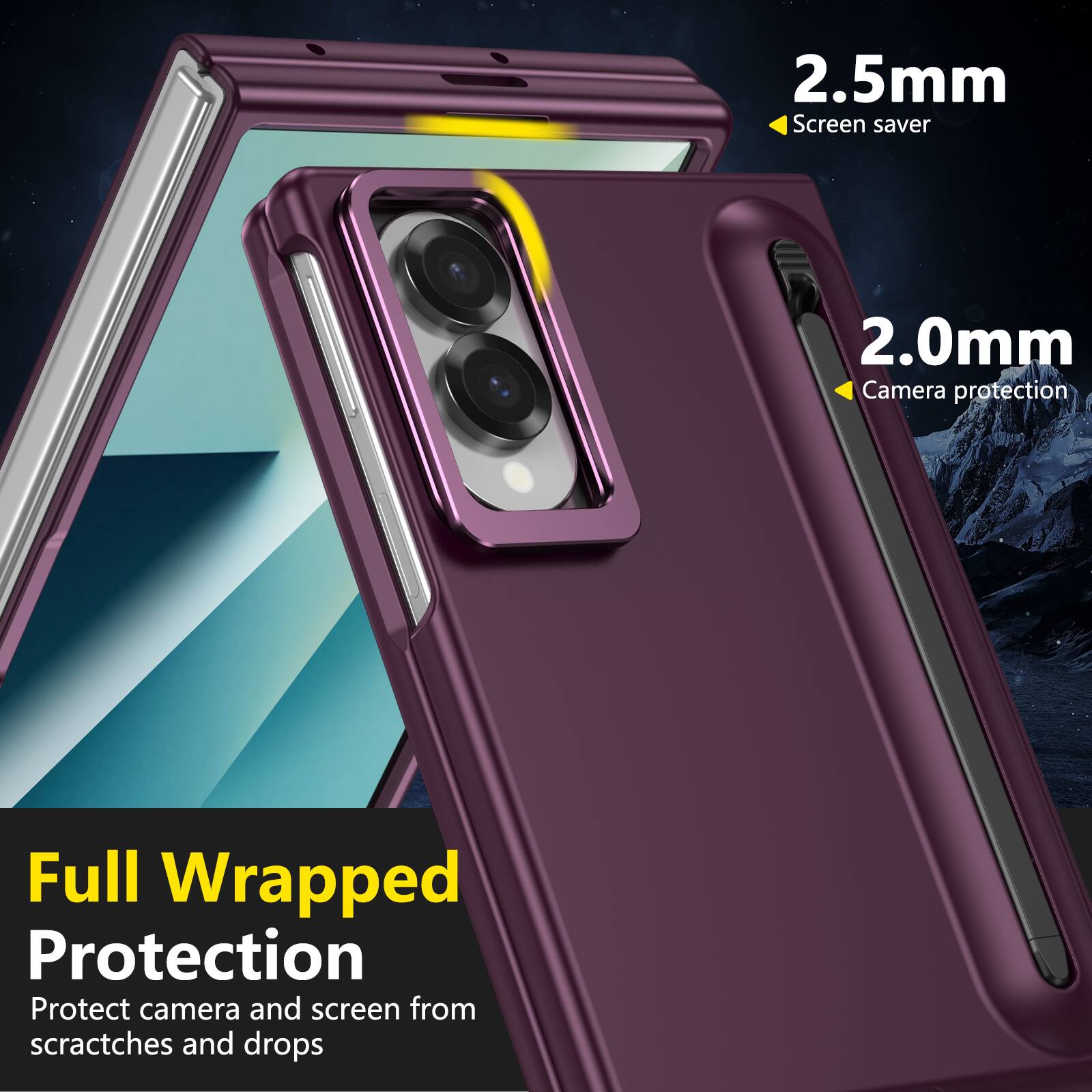 2.5mm Screen saver  
2.0mm Camera protection  
Full Wrapped Protection  
Protect camera and screen from scratches and drops