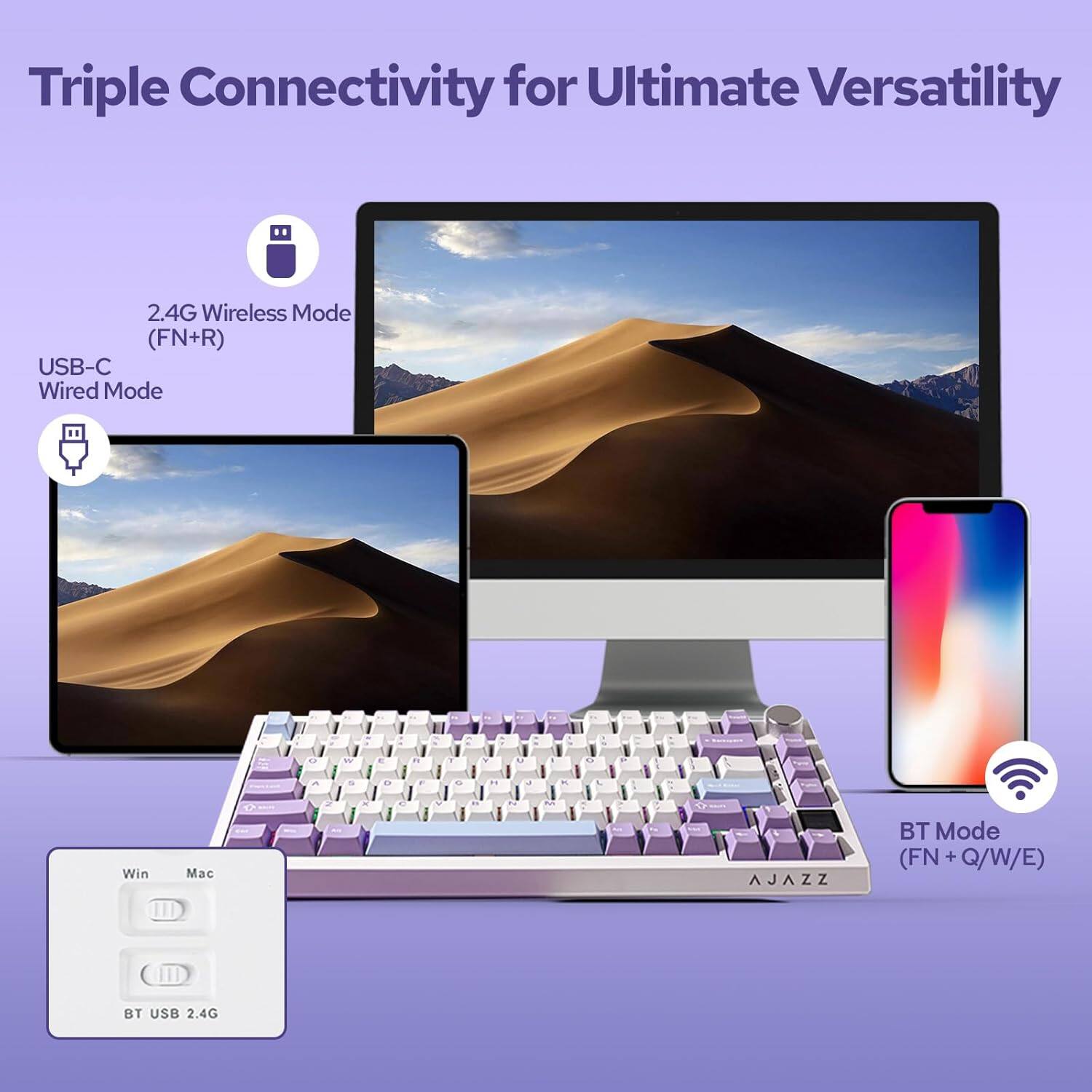 Triple Connectivity for Ultimate Versatility

2.4G Wireless Mode (FN+R)  
USB-C Wired Mode  
BT Mode (FN + Q/W/E)  
BT USB 2.4G