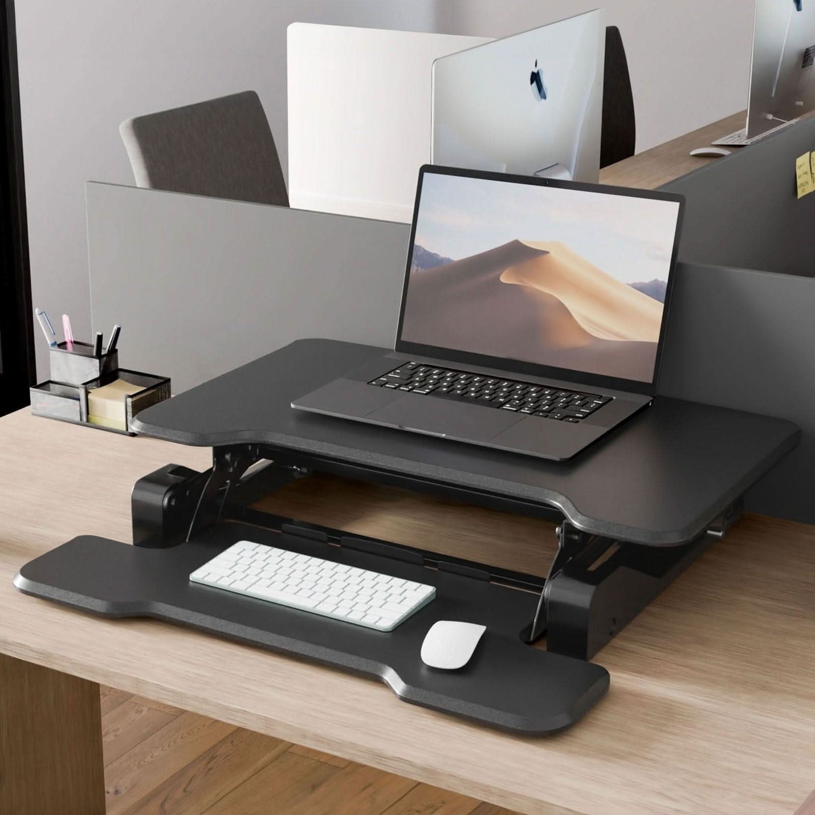 Alt View 4. Mount-It! - Compact Standing Desk Converter with 30″ Desktop and Height-Adjustable Sit-Stand Workstation, Black - Black.