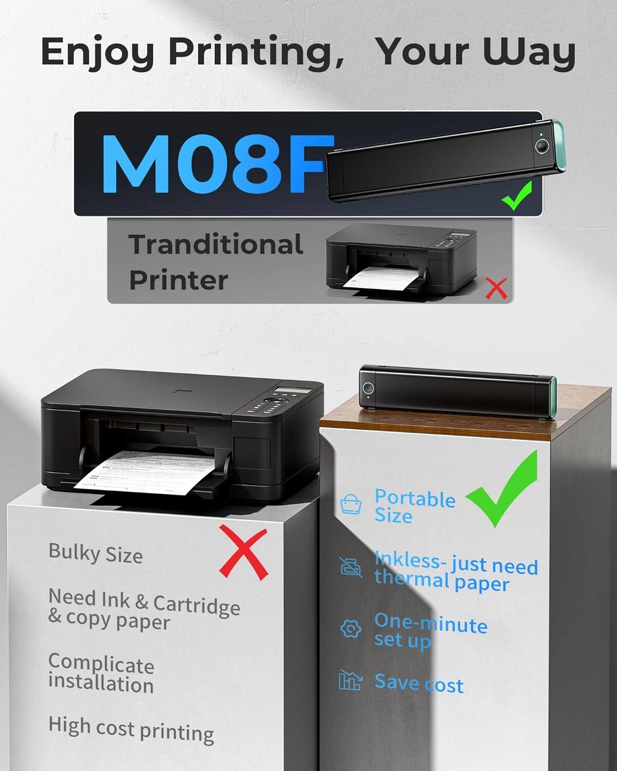 Enjoy Printing, Your Way

M08F

Traditional Printer

- Bulky Size ❌
- Need Ink & Cartridge & copy paper ❌
- Complicate installation ❌
- High cost printing ❌

- Portable Size ✅
- Inkless-just need thermal paper ✅
- One-minute set up ✅
- Save cost ✅