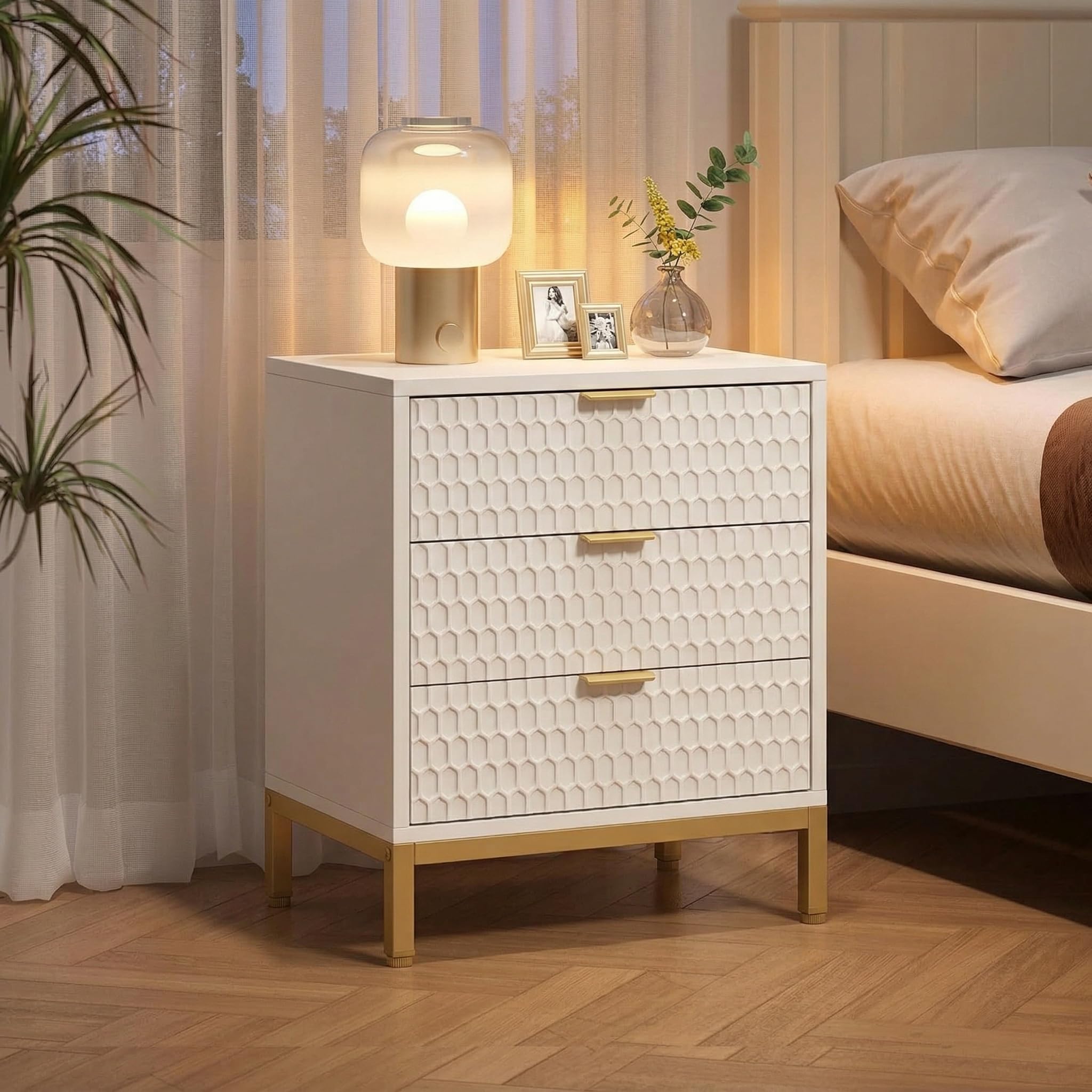 Left. Tribesigns - Night Stand with 3 Drawers, 19.7" Wood Nightstand with Gold Handles & Non-Slip Pads, Bedside Table, Modern Bed Side End - White.
