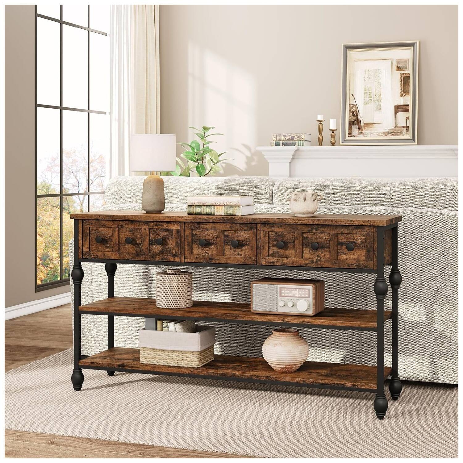 Front. GARVEE - Long 53" Console Sofa Table with 3 Drawers, Entryway Table with 3-Tier Storage Shelves, Industrial Display Shelf - Rustic Brown.