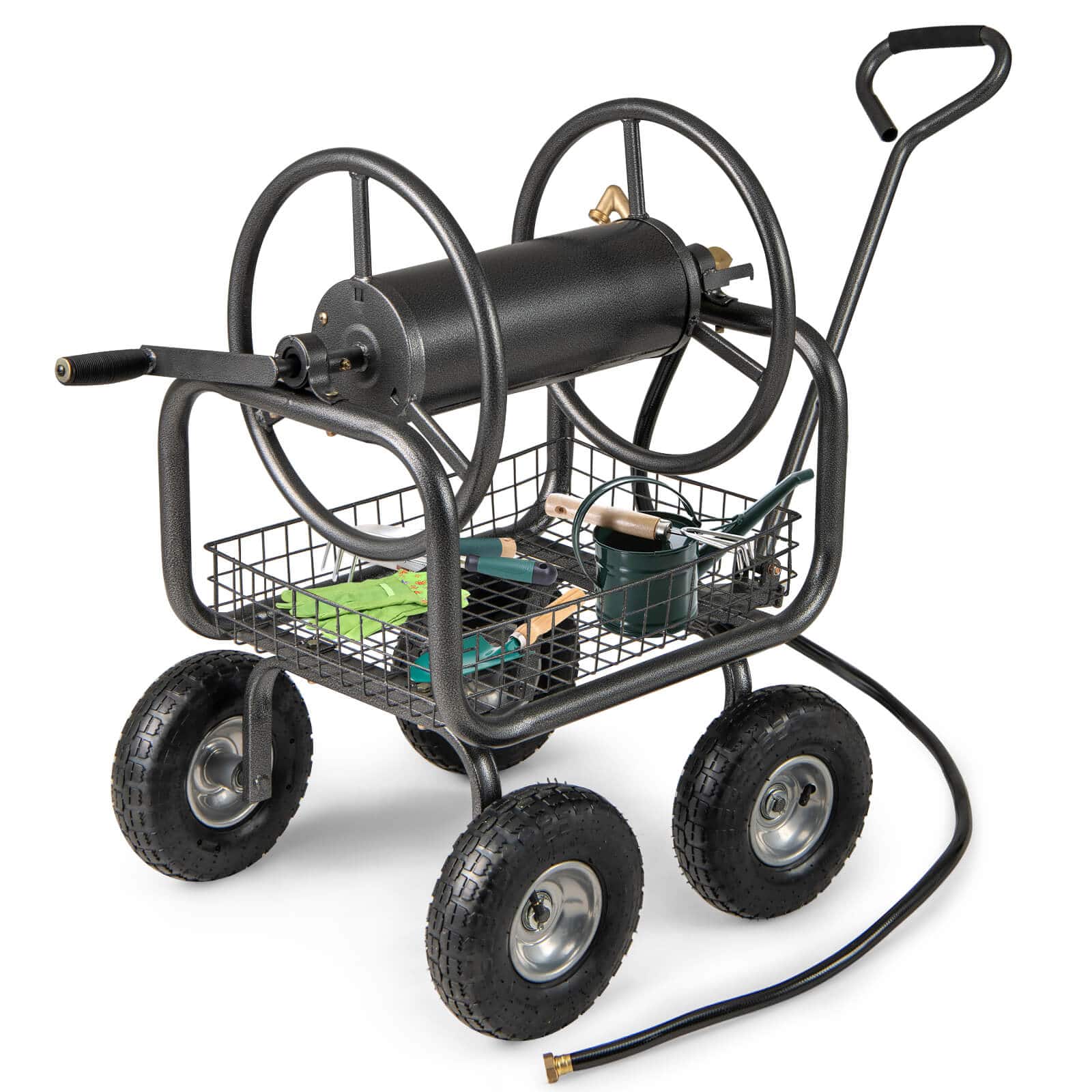 Costway - Portable Hose Reel Cart with 300 ft of 5/8" Large Capacity Storage Basket for Lawn - Gray