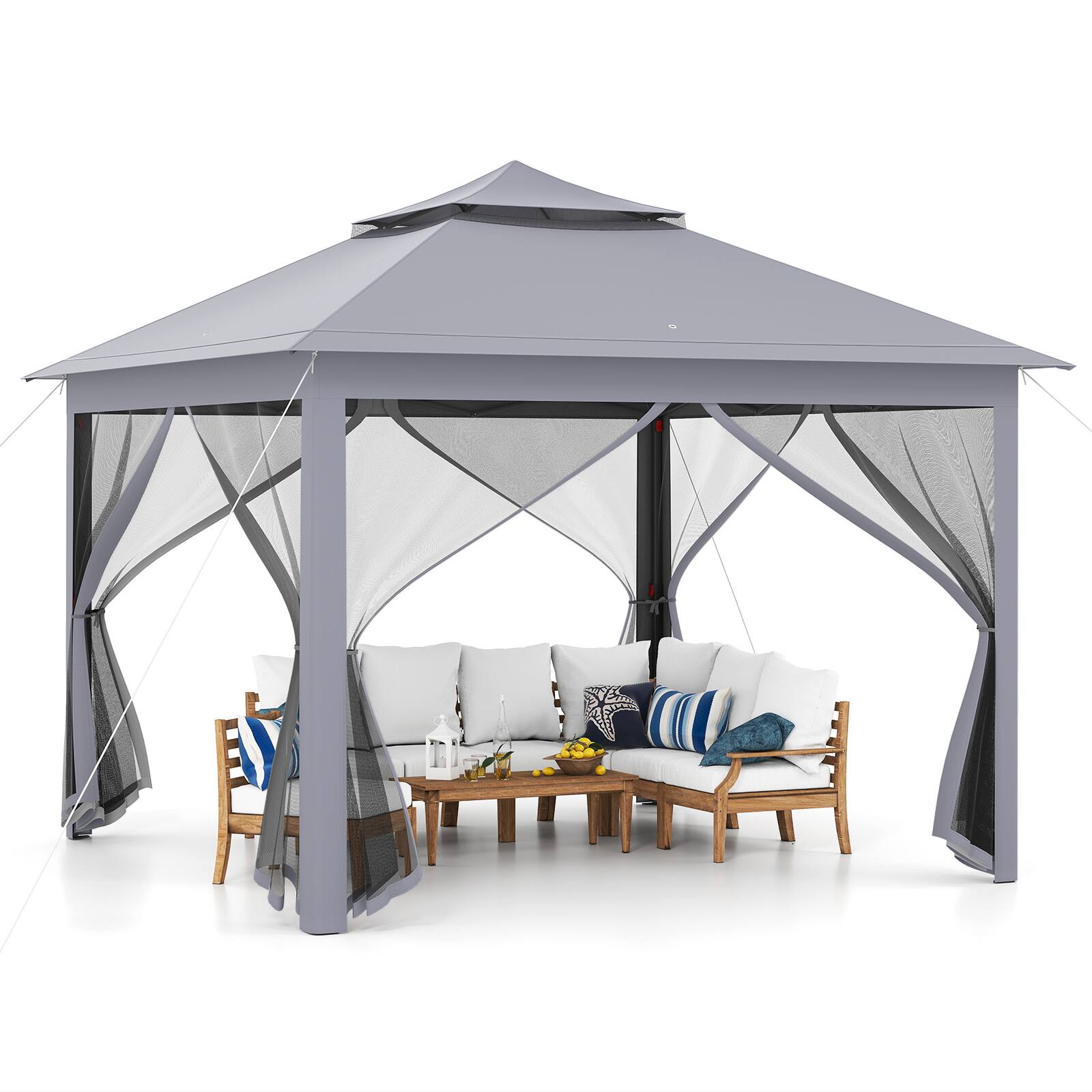 Alt View 8. Gymax - Gymax 11 ft x 11 ft Pop up Gazebo w/Mesh Netting Sidewalls Vented Top Drainage Holes Grey - Grey.
