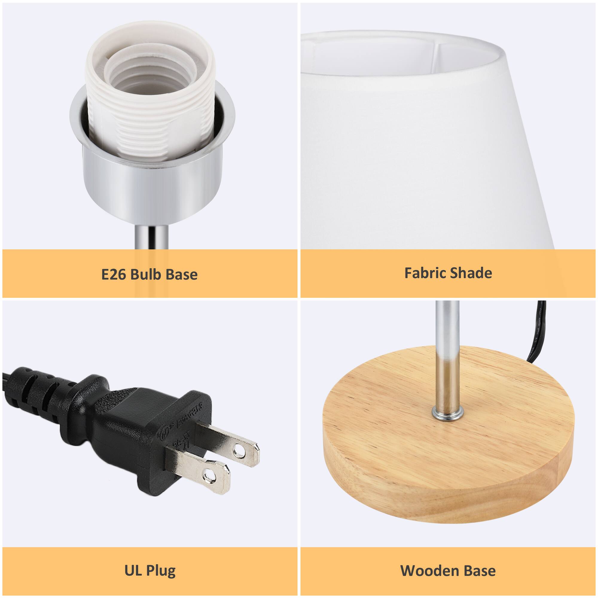 E26 Bulb Base  
Fabric Shade  
UL Plug  
Wooden Base