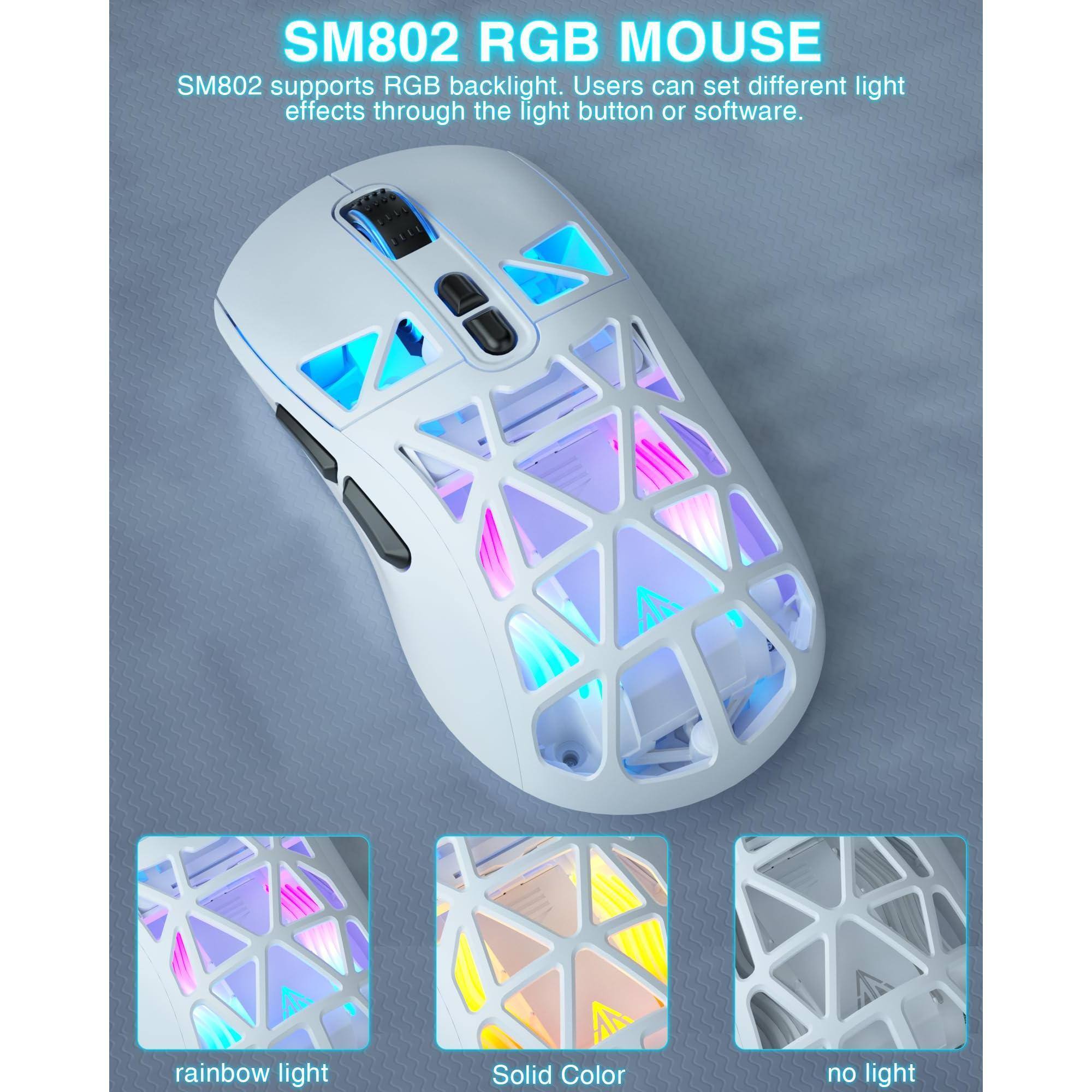 SM802 RGB MOUSE

SM802 supports RGB backlight. Users can set different light effects through the light button or software.

- rainbow light
- Solid Color
- no light
