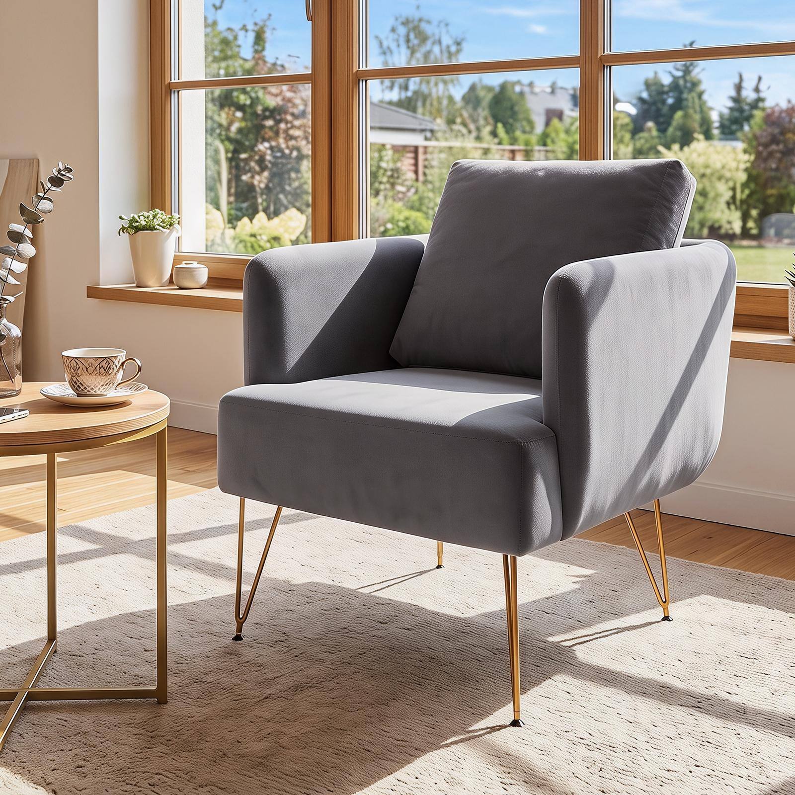 Alt View 2. Costway - Costway 1 PCS Modern Accent Chair with Back Cushion Golden Metal Legs Comfy Sofa Chair for Home - Gray.