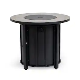 Boyel Living - 30 Inch Round Outdoor Propane Fire Pit Table with Wood Grain Ceramic Top - Black Brown