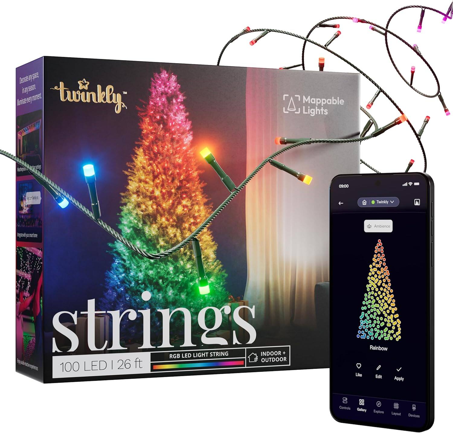 Twinkly Mappable Lights 09:00 Twinkly ingedprnathime Ambience strings LIGHT STRING INDOOR RGB LED OUTDOOR - 100 LED | 26 ft Rainbow Like Edit Apply 00 88 A Conbots Galery Explore Sapout Devices