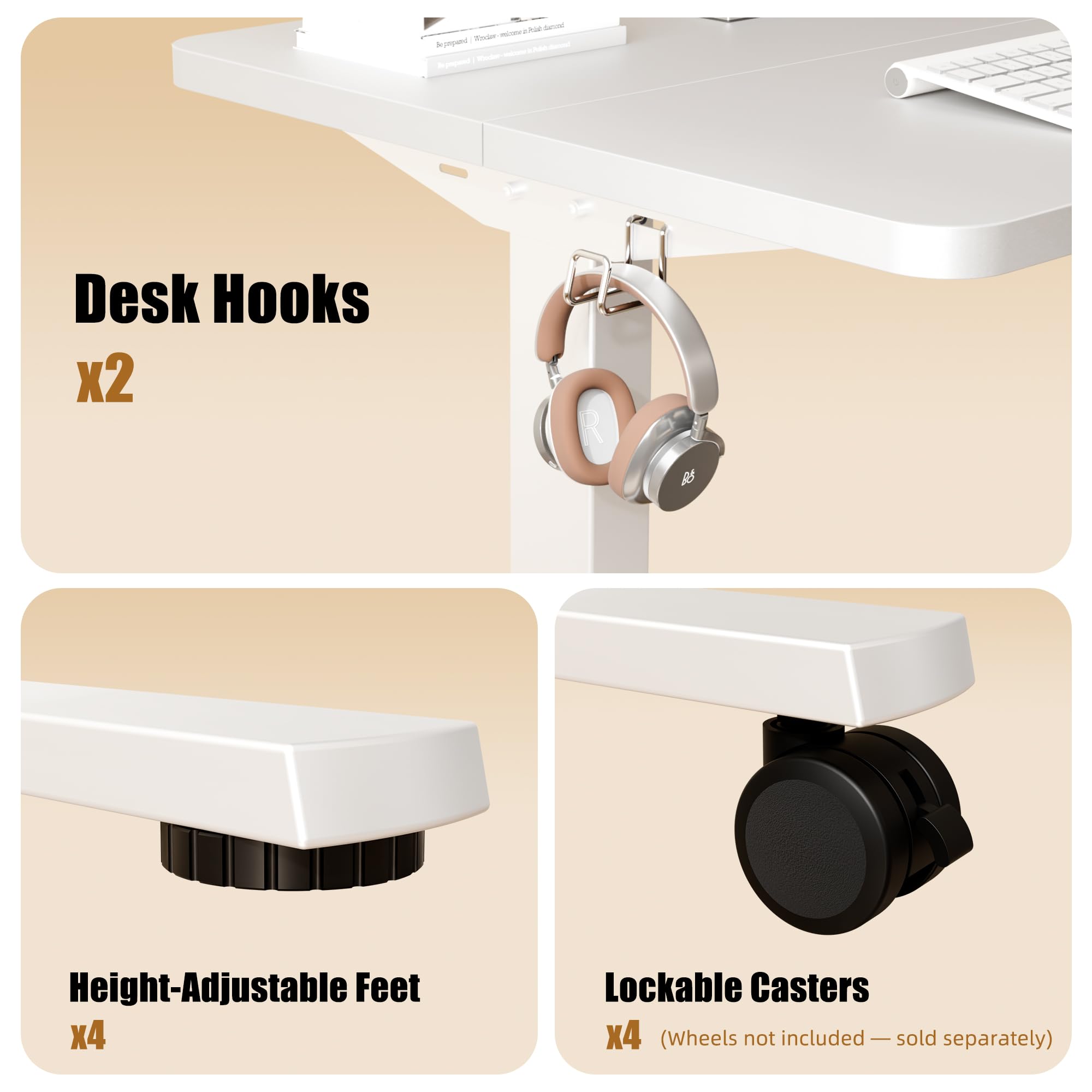 Mioa had Desk Hooks x2  
Height-Adjustable Feet x4  
Lockable Casters x4 (Wheels not included - sold separately)