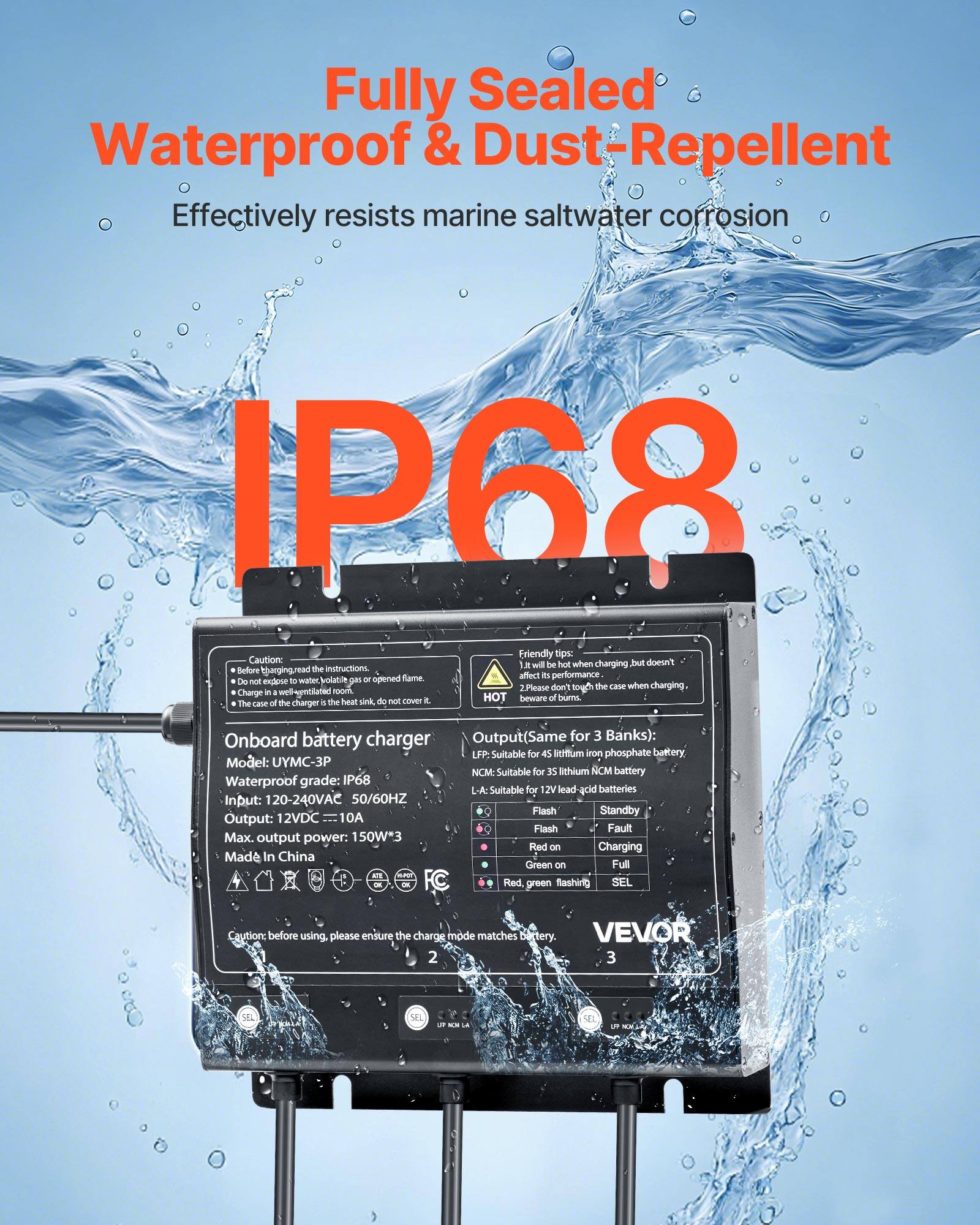 Fully Sealed Waterproof & Dust-Repellent  
Effectively resists marine saltwater corrosion

IP68

Friendly tips:  
Caution: hot when charging but doesn't affect S performance  
1. it will be before charging read the instructions.  
2. Please don't touch the case when charging, Charge in well-ventilated room  
HOT beware of burns. The case of the charger is the heat sink, do not cover

Onboard battery charger  
Model: UYMC-3P  
Waterproof grade: IP68  
Input: 120-240VAC 50/60HZ  
Output(Same for 3 Banks):  
LFP: Suitable for 45 lithium iron phosphate battery  
NCM: Suitable for 35 lithium NCM battery  
L-A: Suitable for 12V lead-acid batteries  
Flash Standby Output: 12VDC 10A  
Flash Fault Max. output power: 150W*3  
Red on Charging  
Green on Full  
Red, green flashing SEL

Made In China

Caution: before using, please ensure the charge mode matches battery.

VEVOR 2 3