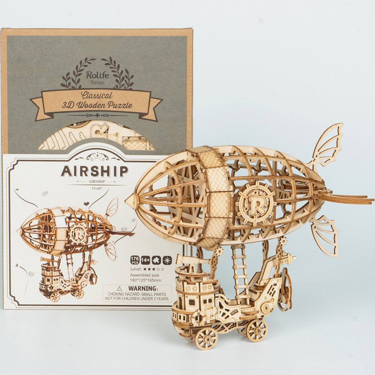 Rolife Series  
Classical 3D Wooden Puzzle

AIRSHIP  
AIRSHIP

Level: 176  
Assembled size: 180 x 125 x 165mm

WARNING: CHOKING HAZARD - SMALL PARTS  
NOT FOR CHILDREN UNDER 3 YEARS