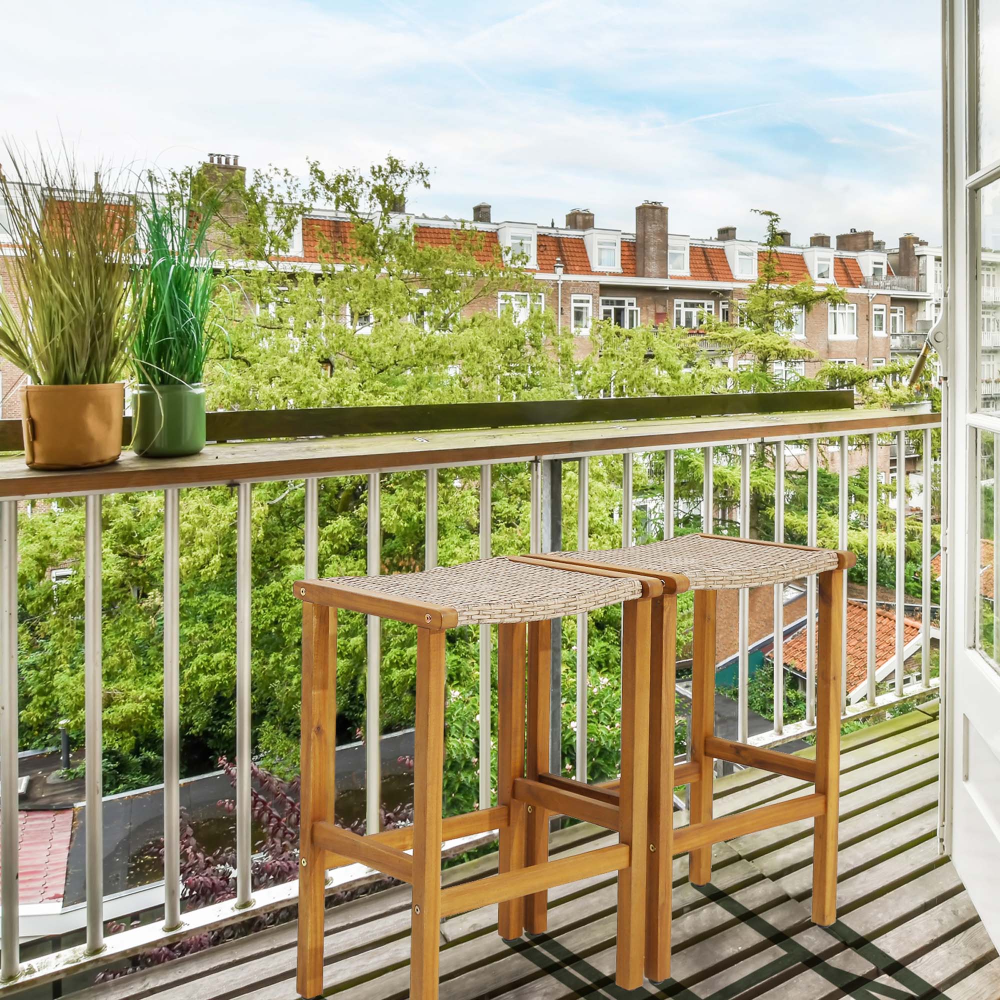Alt View 1. Costway - Costway 2PCS Patio PE Wicker Bar Stools with Acacia Wood Frame Bar Height Chairs Poolside - Light Brown,Teak.
