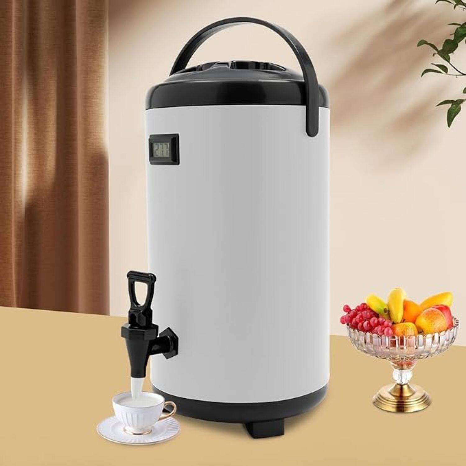 Angle. Stock Preferred - 3.17 Gallon Insulated Stainless Steel Beverage Dispenser with Thermometer.