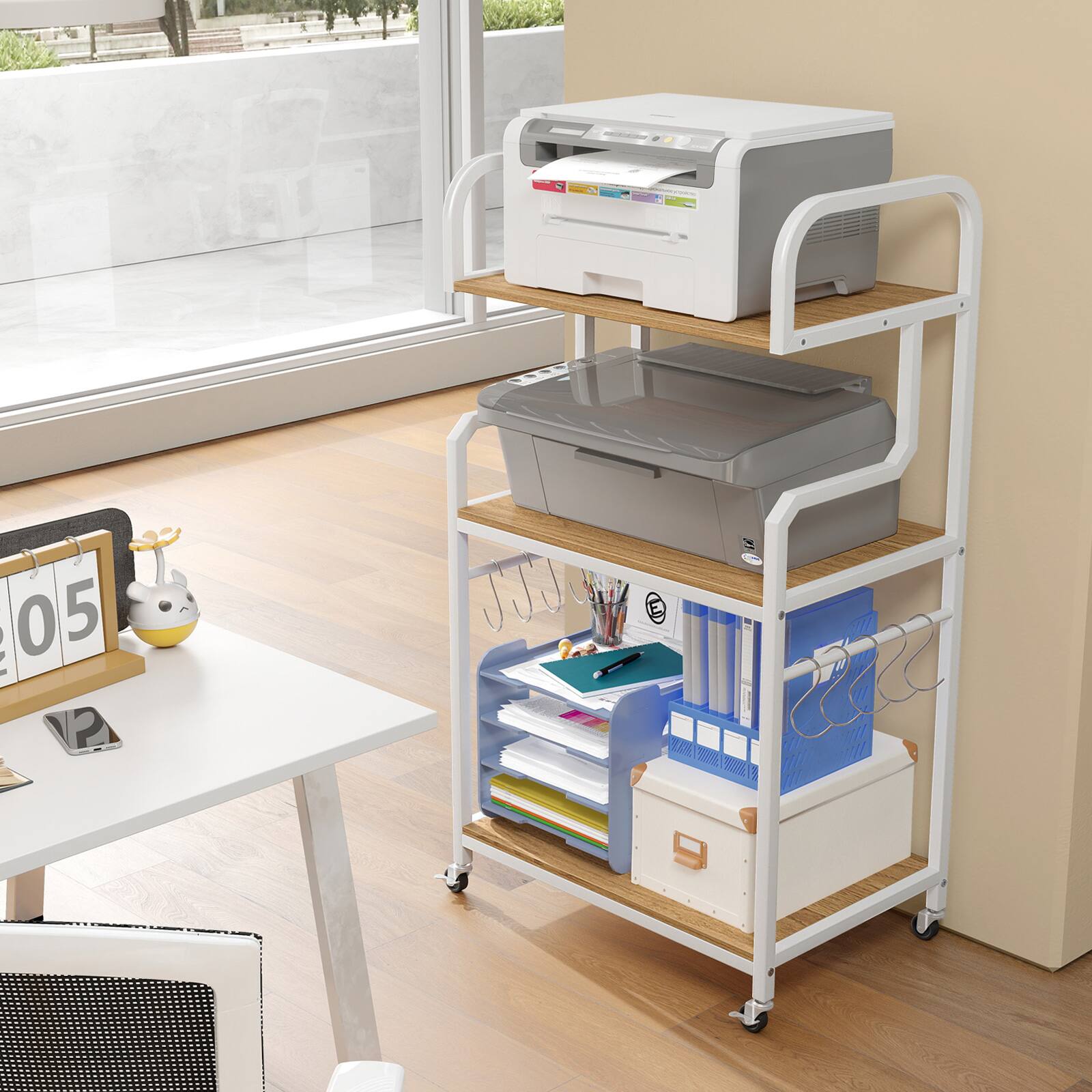 Alt View 3. Gymax - Gymax 3-Tier Rolling Printer Stand Home Office Large Printer Cart w/ Storage Shelves Natural & White - White.