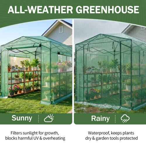 ALL-WEATHER GREENHOUSE

Sunny  
Filters sunlight for growth, blocks harmful UV & overheating

Rainy  
Waterproof, keeps plants dry & garden tools protected