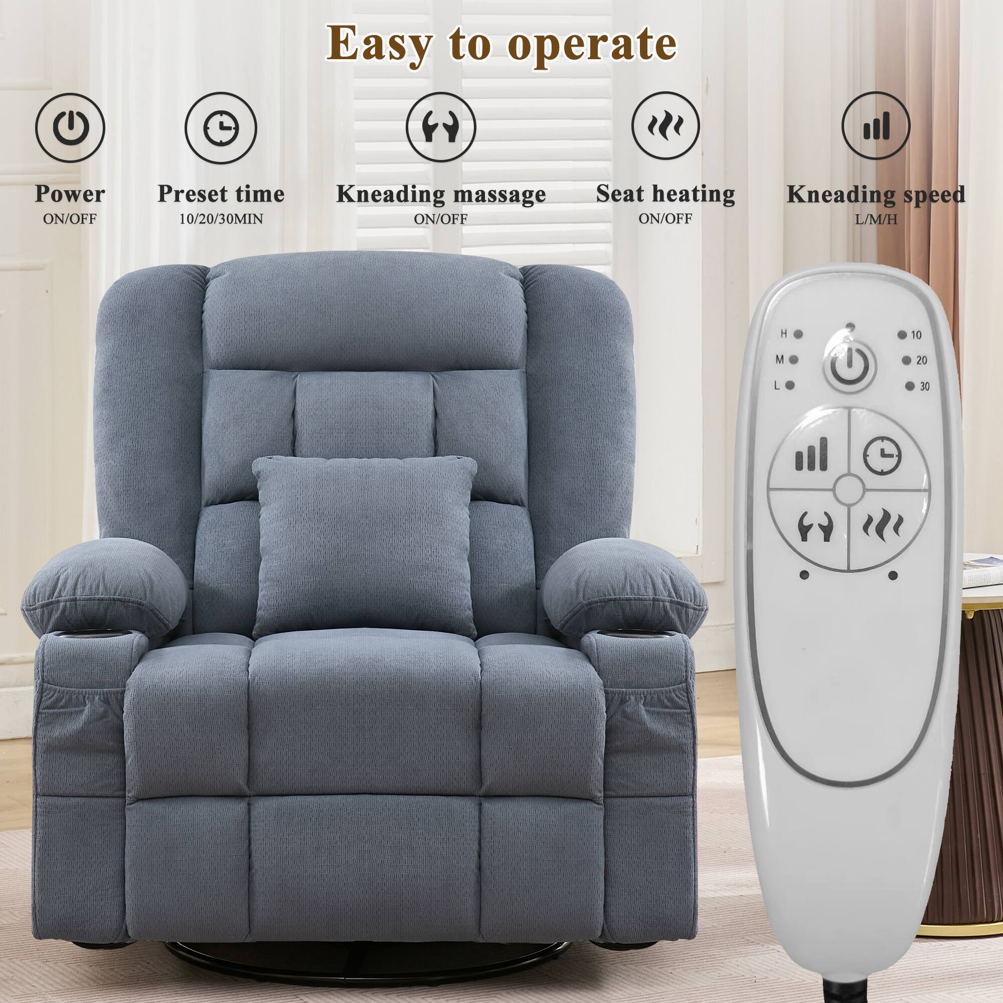 Easy to operate

- Power ON/OFF
- Preset time 10/20/30MIN
- Kneading massage ON/OFF
- Seat heating ON/OFF
- Kneading speed L/M/H