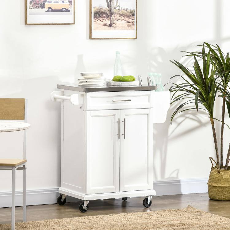 Alt View 1. PULUZ - Kitchen Island on Wheels, Rolling Kitchen Cart with Stainless Steel Countertop, Drawer, Towel Rack and Spice Rack - White.