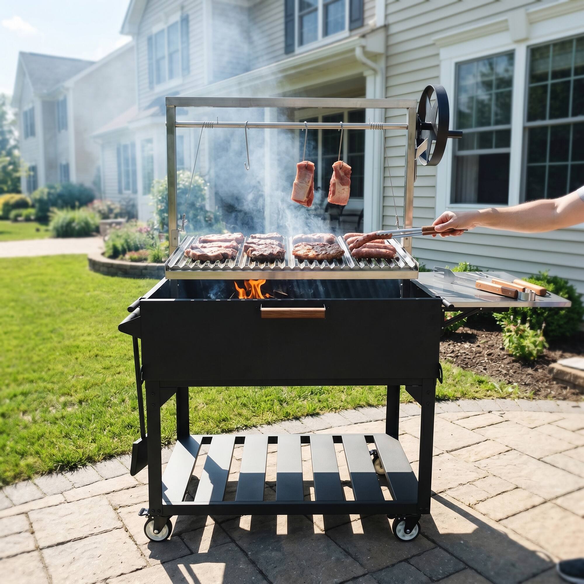 Angle. Famapy - Heavy-Duty Argentine Santa Maria BBQ Grill, Adjustable Wood/Charcoal Cart with Firebricks & 304 Steel Grate for Patio - Black.