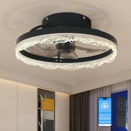 TinyHomie - 16 Decorative LED Ceiling Fan Light Modern Flush Mount with Crystal Inspired Acrylic Ring Hidden Blades