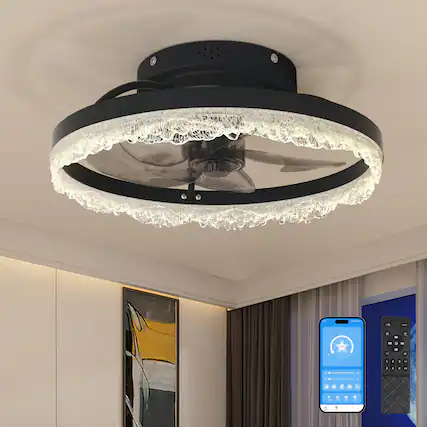 Front. TinyHomie - 16 Decorative LED Ceiling Fan Light Modern Flush Mount with Crystal Inspired Acrylic Ring Hidden Blades.