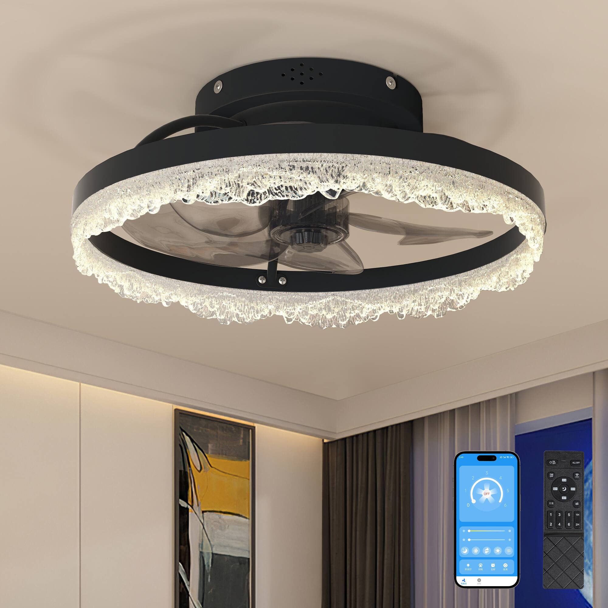 Front. TinyHomie - 16 Decorative LED Ceiling Fan Light Modern Flush Mount with Crystal Inspired Acrylic Ring Hidden Blades.
