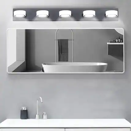 Front. LUCKY ONE - 37in Wall Mount LED Vanity Light, 5-Light Black Bathroom Fixture with Frosted Acrylic Shades - Black.