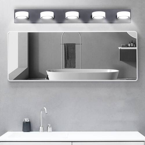 Front. LUCKY ONE - 37in Wall Mount LED Vanity Light, 5-Light Black Bathroom Fixture with Frosted Acrylic Shades - Black.