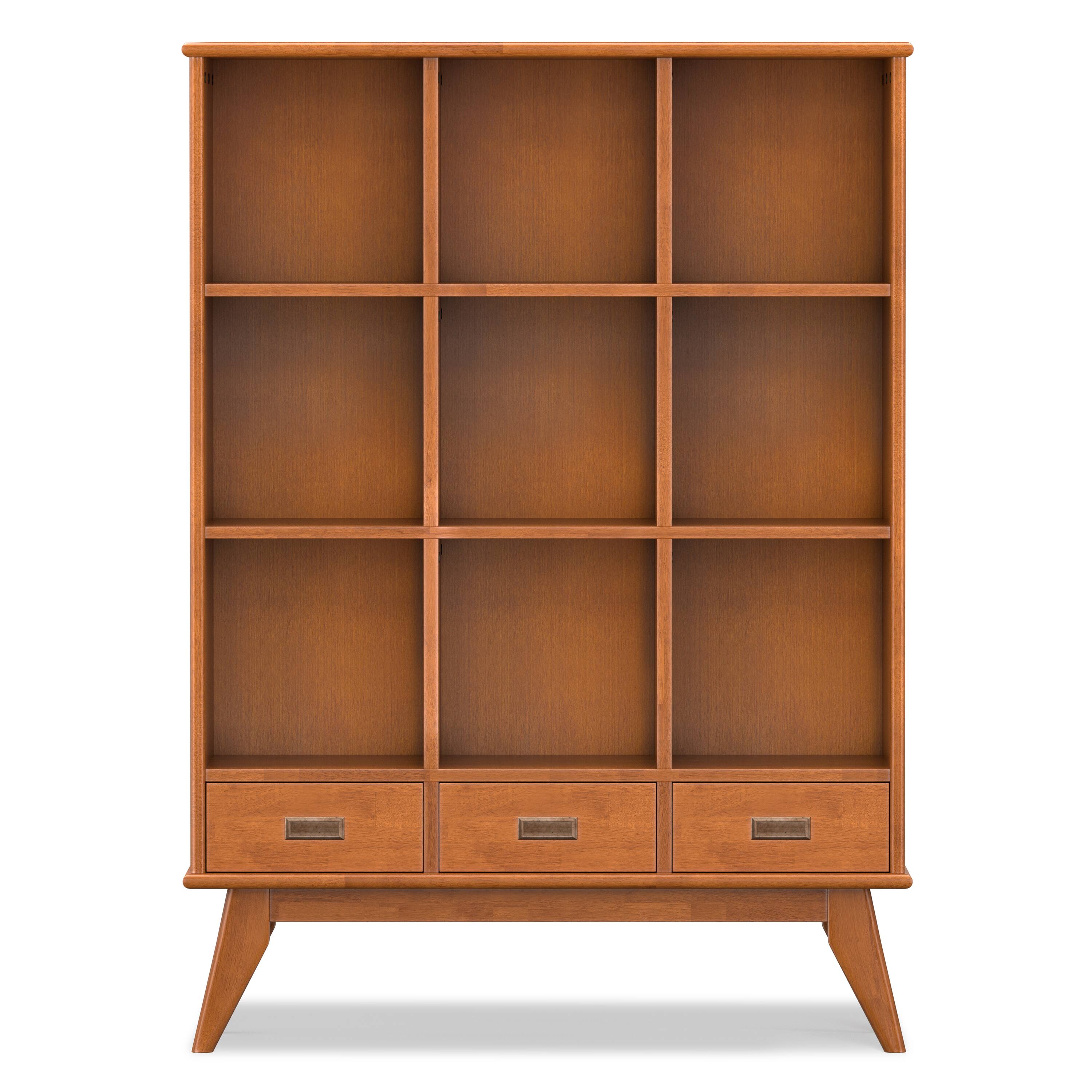 Left. Simpli Home - Draper 42 inch Wide Solid Hardwood Mid-Century Storage Bookcase in Teak Brown - Teak Brown.