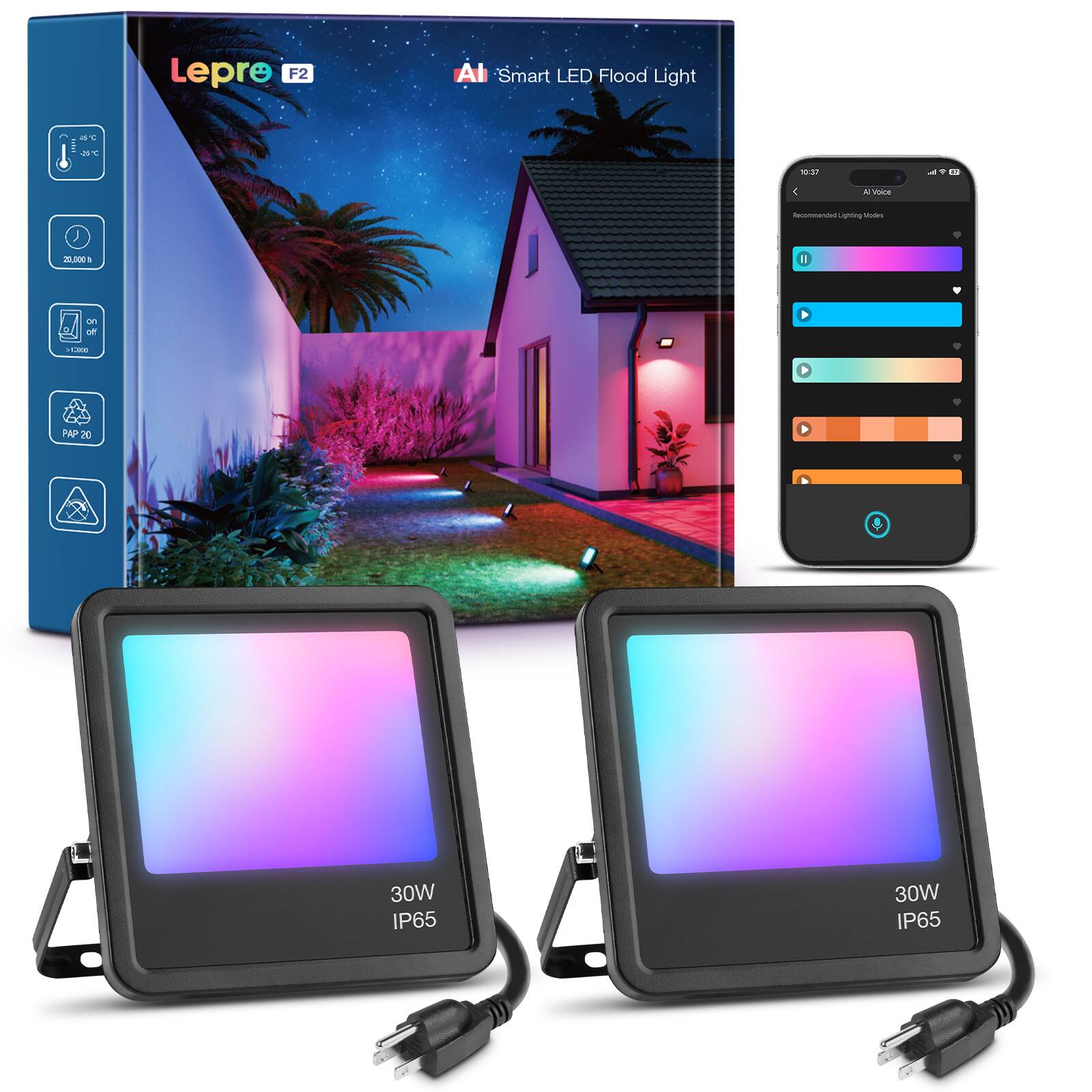 Lepre F2  
AI Smart LED Flood Light

10:37  
49  
All Voice  
Recommended Lighting Modes  
20,000k  
>12800  
PAP 20  
30W IP65  
30W IP65