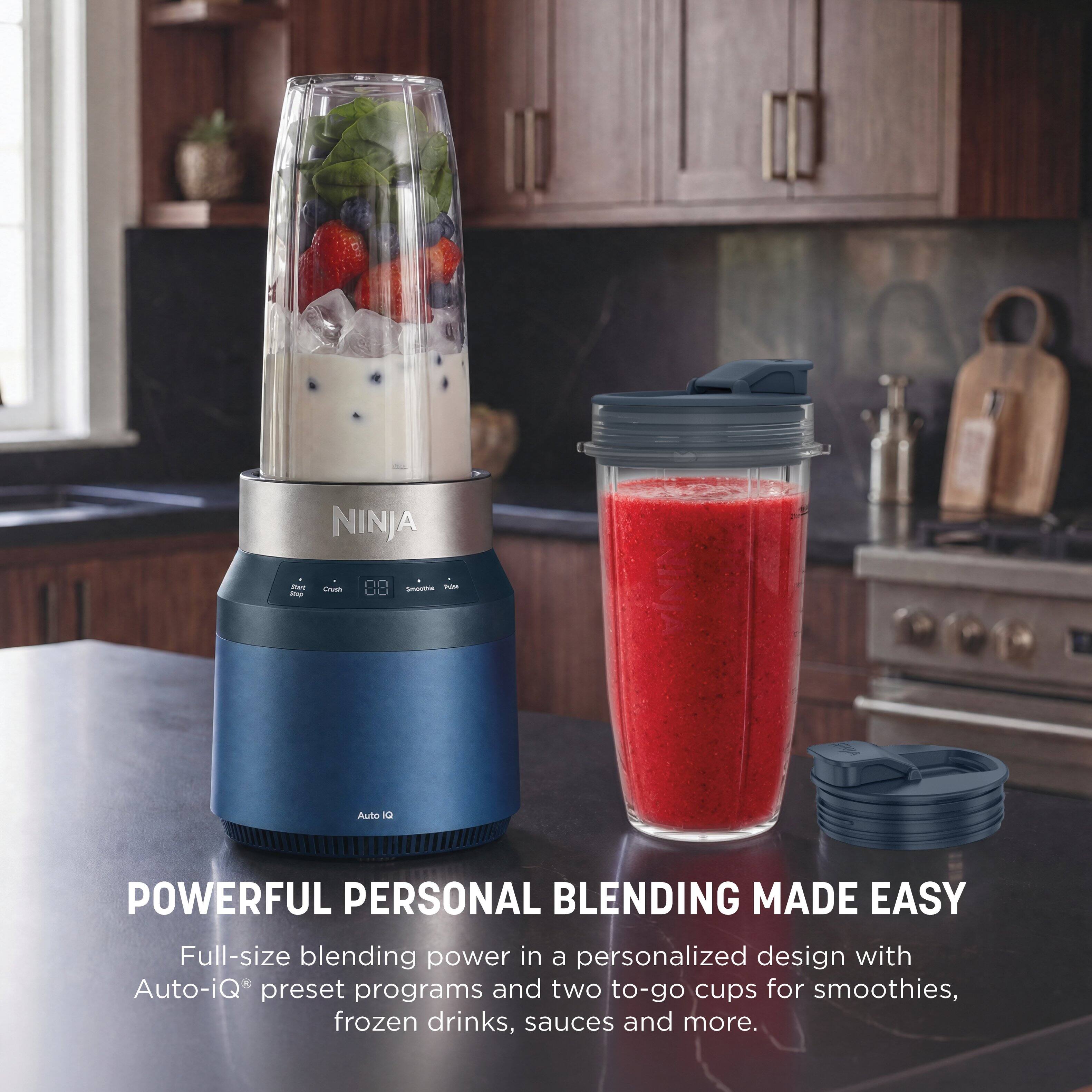 NINJA  
Rirt deat  
Crush  
Smoothie Pube  
Auto Q  
POWERFUL PERSONAL BLENDING MADE EASY  
Full-size blending power in a personalized design with Auto-iQ preset programs and two to-go cups for smoothies, frozen drinks, sauces and more.