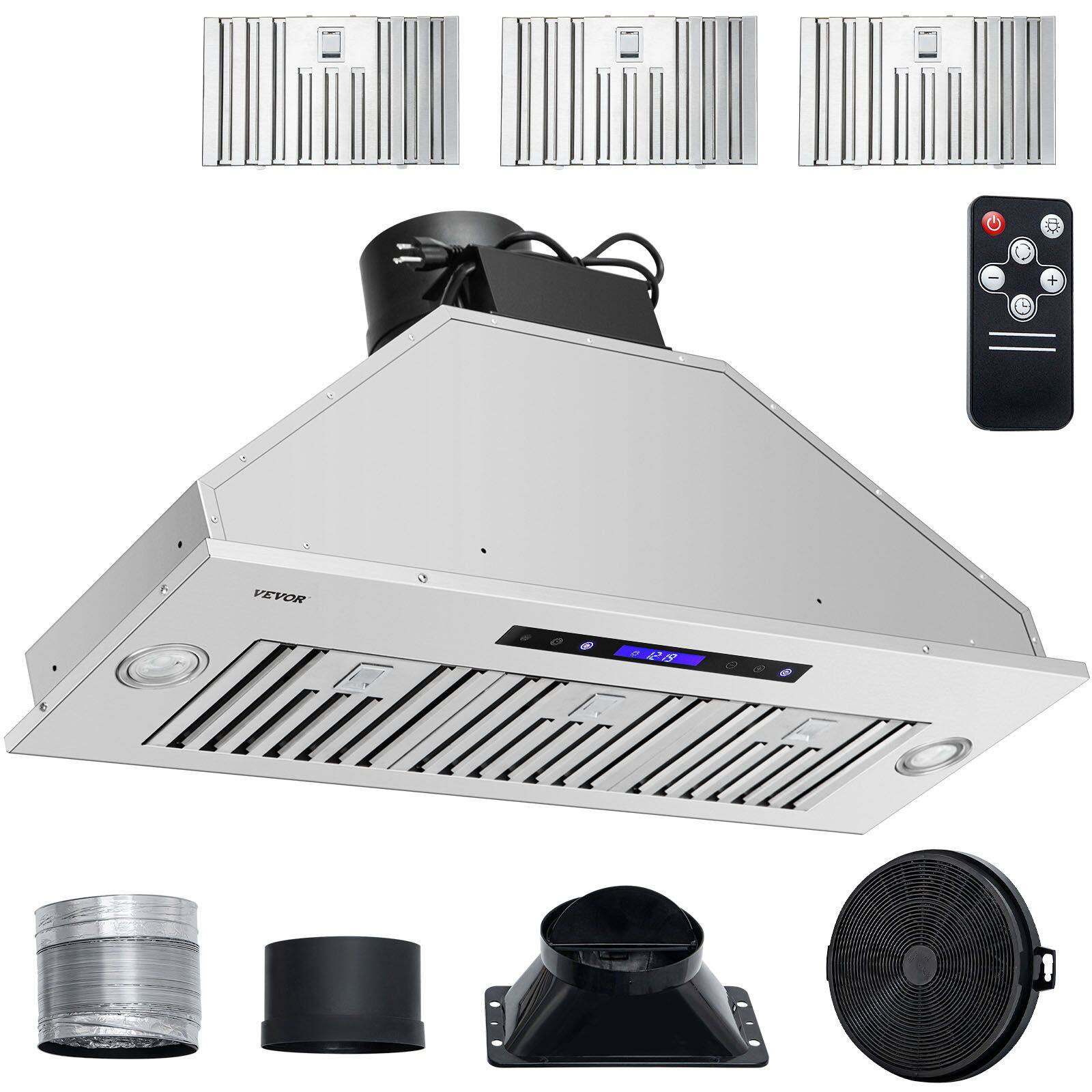 Front. Akoasm - 36 in. Stainless Steel Built-in Kitchen Vent Insert Range Hood with Remote Control LED Lights Baffle Filters, ETL Listed - Silver.