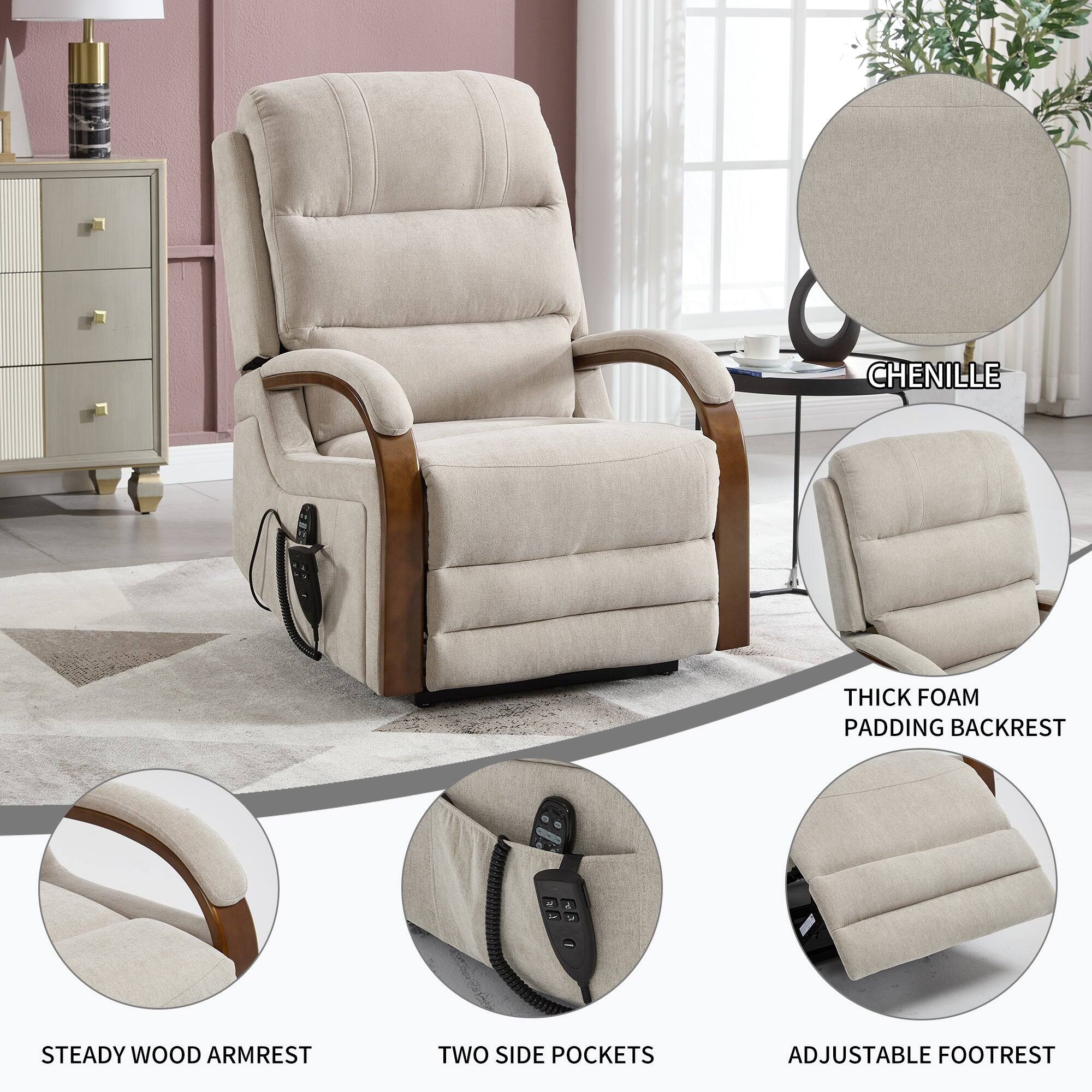 - Chenille
- Thick Foam Padding Backrest
- Steady Wood Armrest
- Two Side Pockets
- Adjustable Footrest