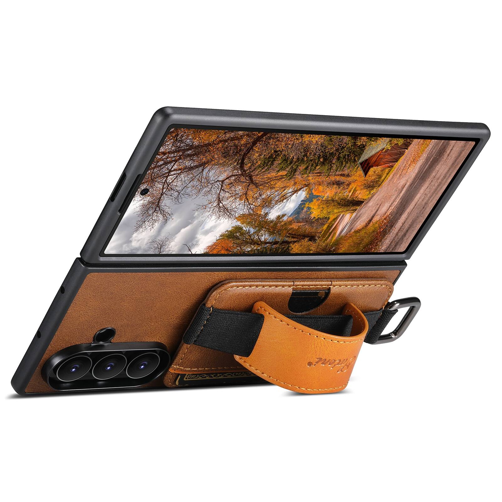 Alt View 1. Dteck - Wallet Case for Samsung Galaxy Z Fold 8 Ultra, Oil Wax PU Leather Retro Business Card Holder Wrist Strap Stand Cover - Brown.