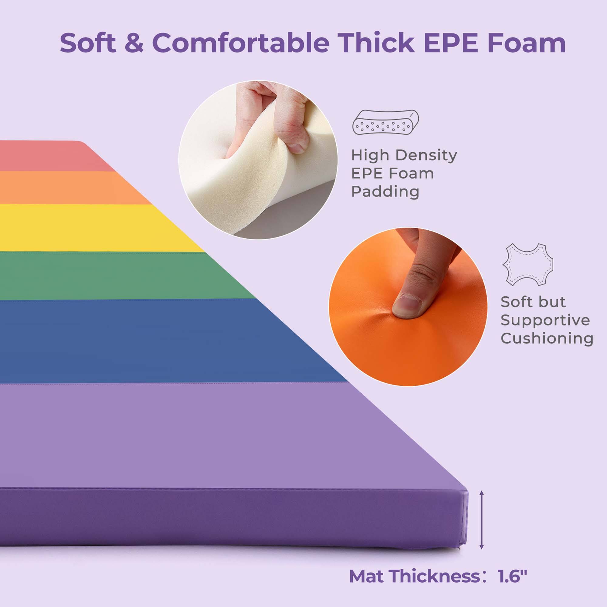 Soft & Comfortable Thick EPE Foam

- High Density EPE Foam Padding
- Soft but Supportive Cushioning

Mat Thickness: 1.6"