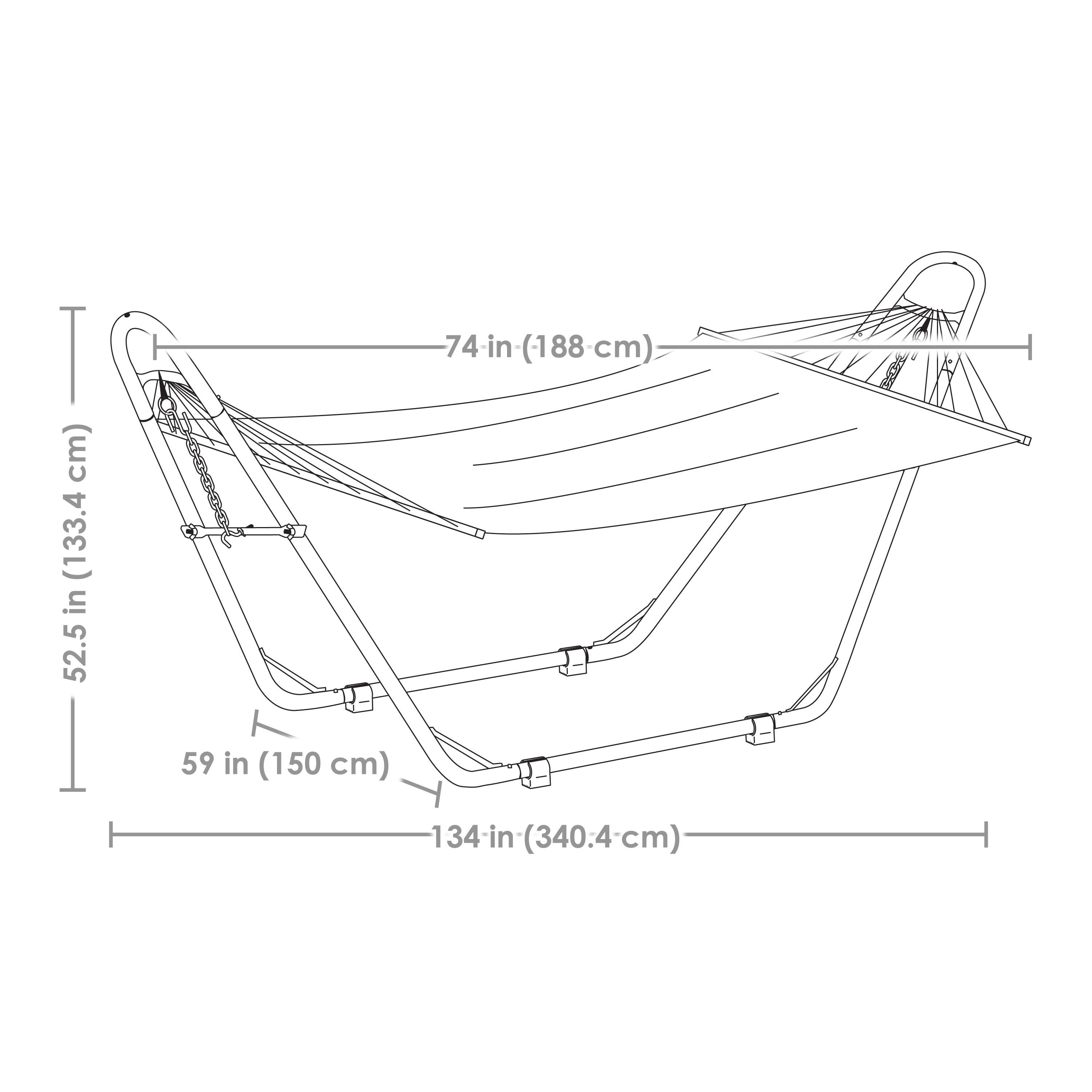 - 74 in (188 cm)
- 52.5 in (133.4 cm)
- 59 in (150 cm)
- 134 in (340.4 cm)