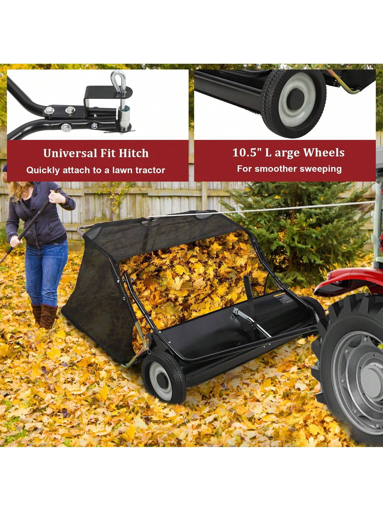 Universal Fit Hitch  
Quickly attach to a lawn tractor  

10.5" Large Wheels  
For smoother sweeping