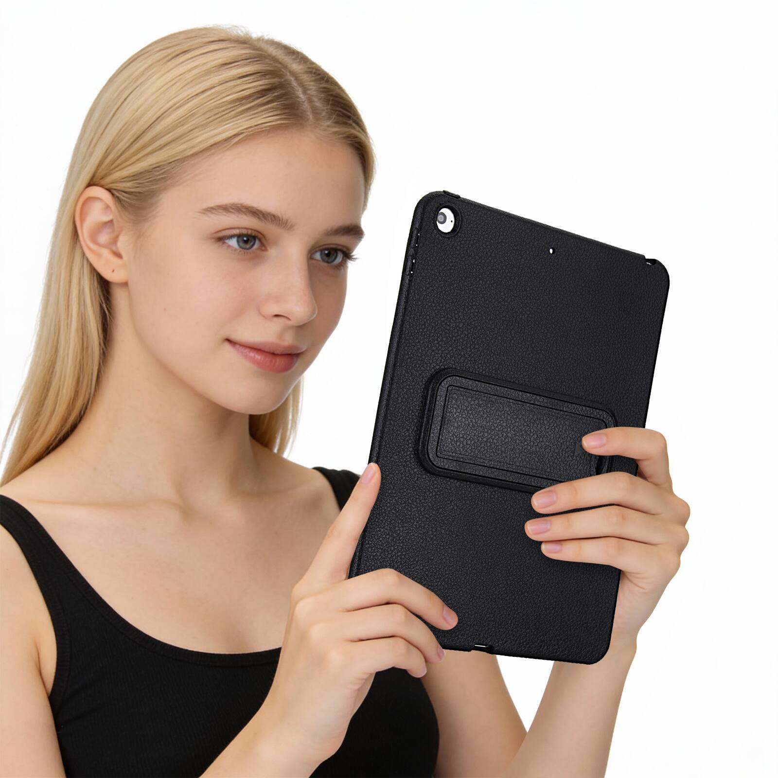 Back. Dteck - Shockproof Case for Apple iPad (6th Generation) 9.7" 2018, Slim Leather Texture Protective Cover with Folding Kickstand - Black.