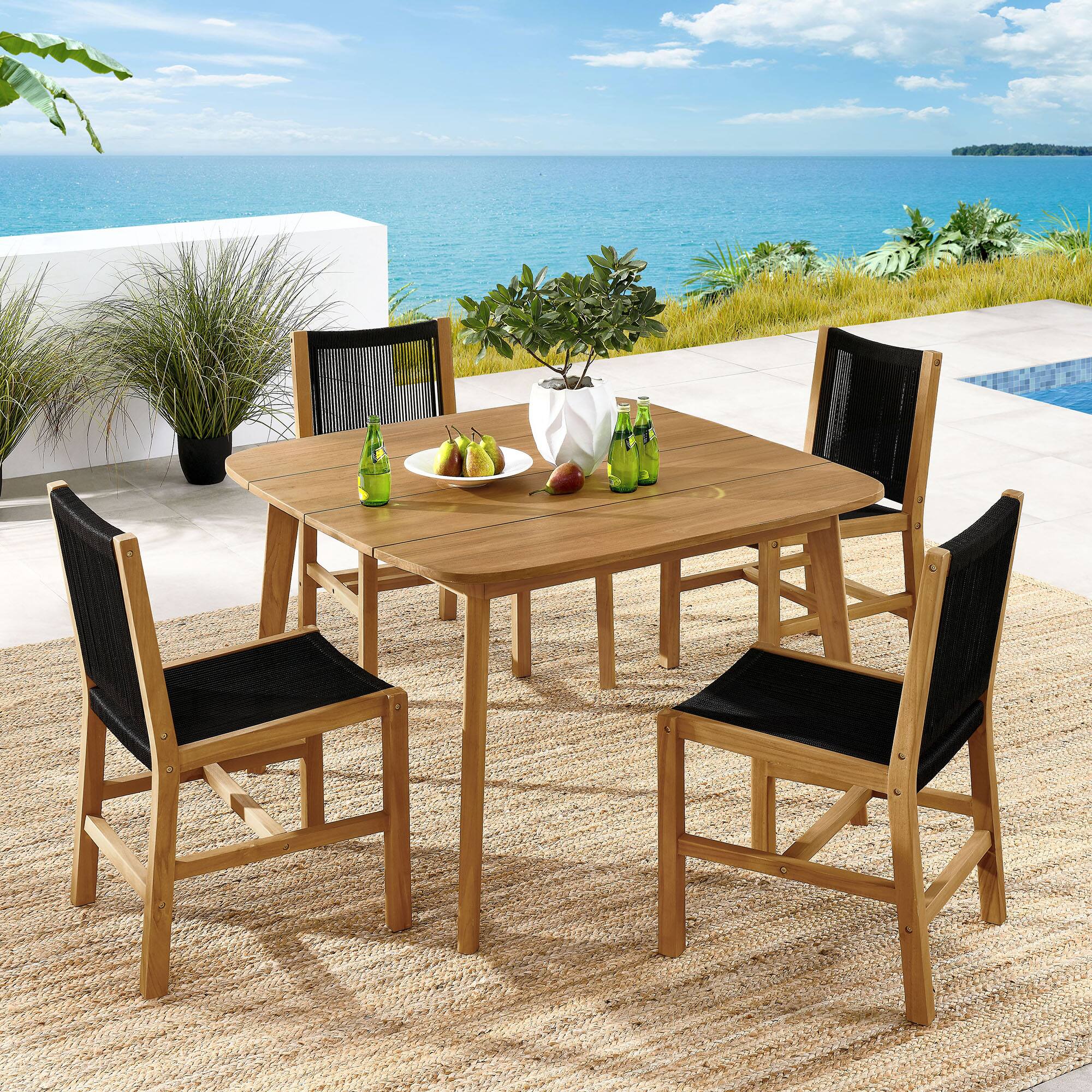 Front. Modway - Vienna 5-Piece Outdoor Patio Teak and Rope Dining Set with Armless Chairs by Modway - Natural Black.