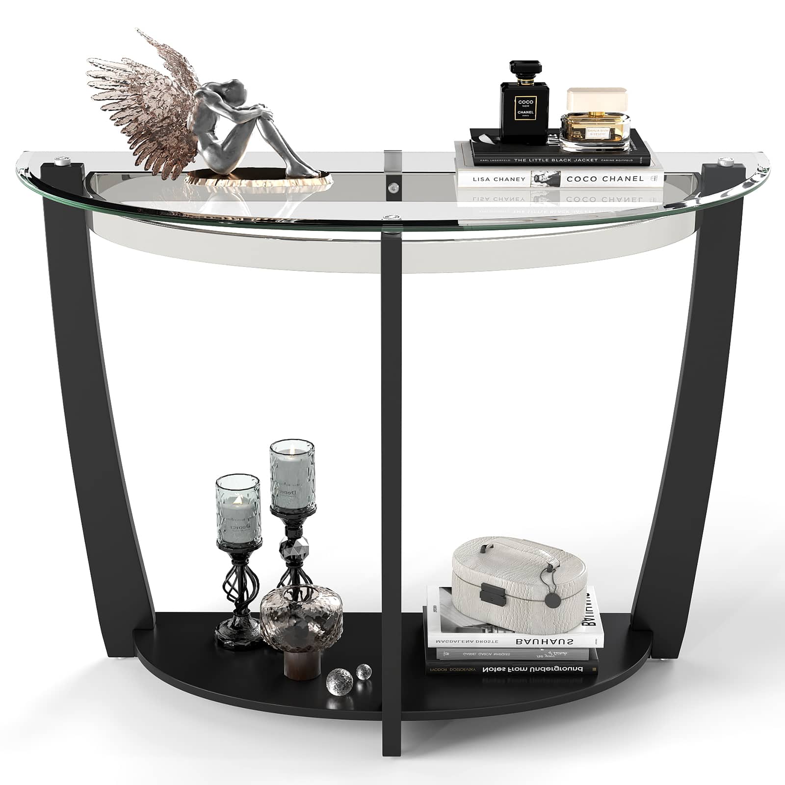 Gymax - 2-tier Modern Half Moon Sofa Table w/Clear Glass Top & Open Shelffor Living Room - Black