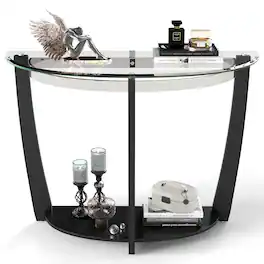 Gymax - 2-tier Modern Half Moon Sofa Table w/Clear Glass Top & Open Shelffor Living Room - Black