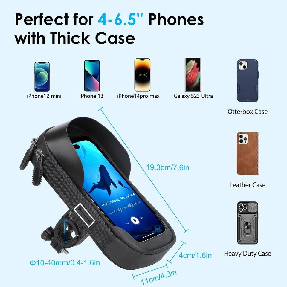 Perfect for 4-6.5" Phones with Thick Case

iPhone 12 mini  
iPhone 13  
iPhone 14 pro max  
Galaxy S23 Ultra  
Otterbox Case  
Leather Case  
Heavy Duty Case  

19.3cm/7.6in  
4cm/1.6in  
11cm/4.3in  
Φ10-40mm/0.4-1.6in  

from nature, for nature