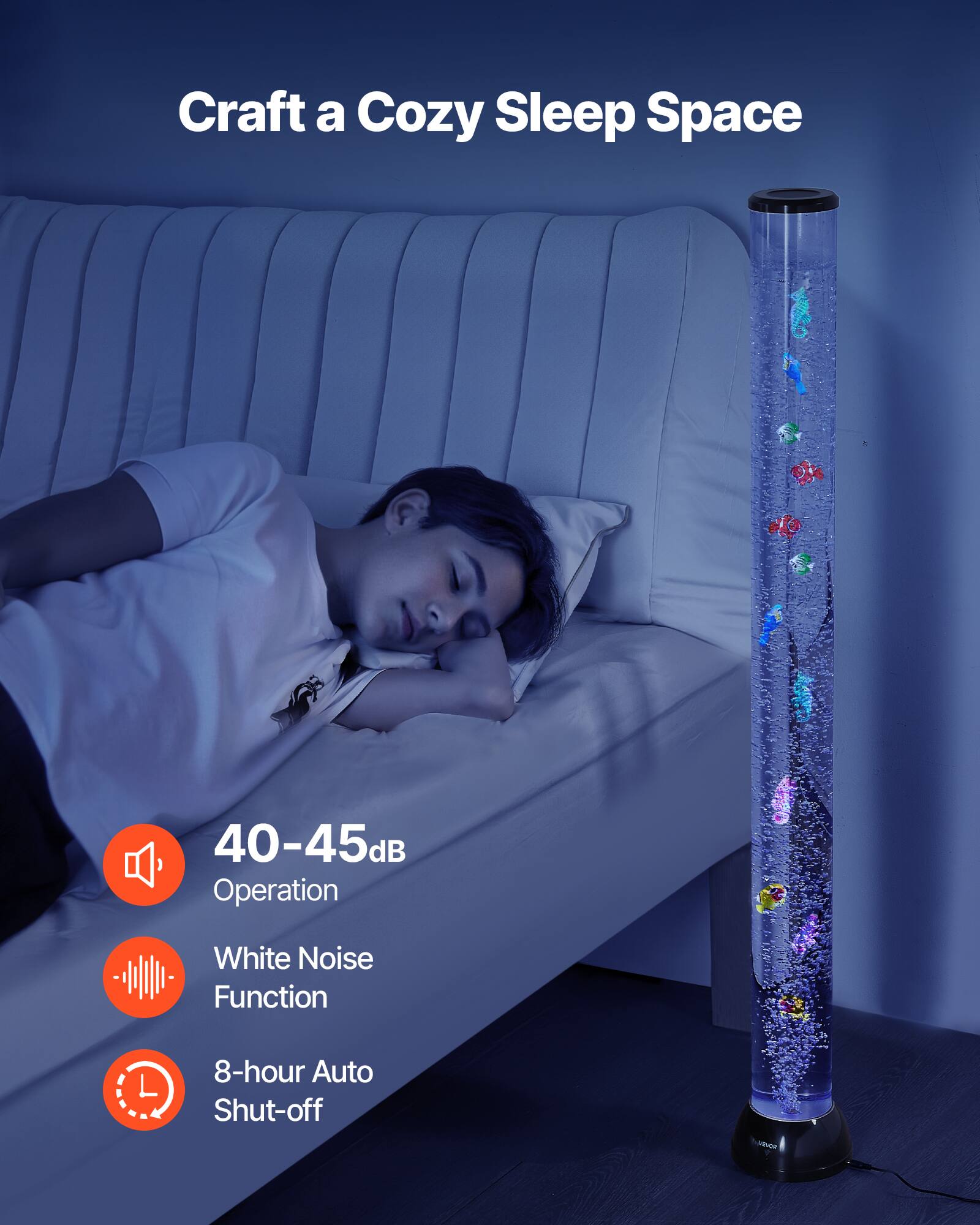 Craft a Cozy Sleep Space

40-45dB Operation

White Noise Function

8-hour Auto Shut-off