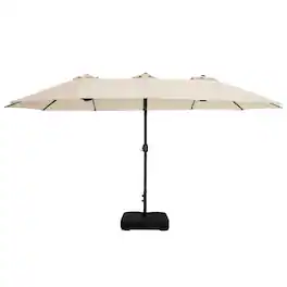 Nuu Garden - 15FT Double-Sided Patio Umbrella with Umbrella Base and 2 Sandbags - Beige