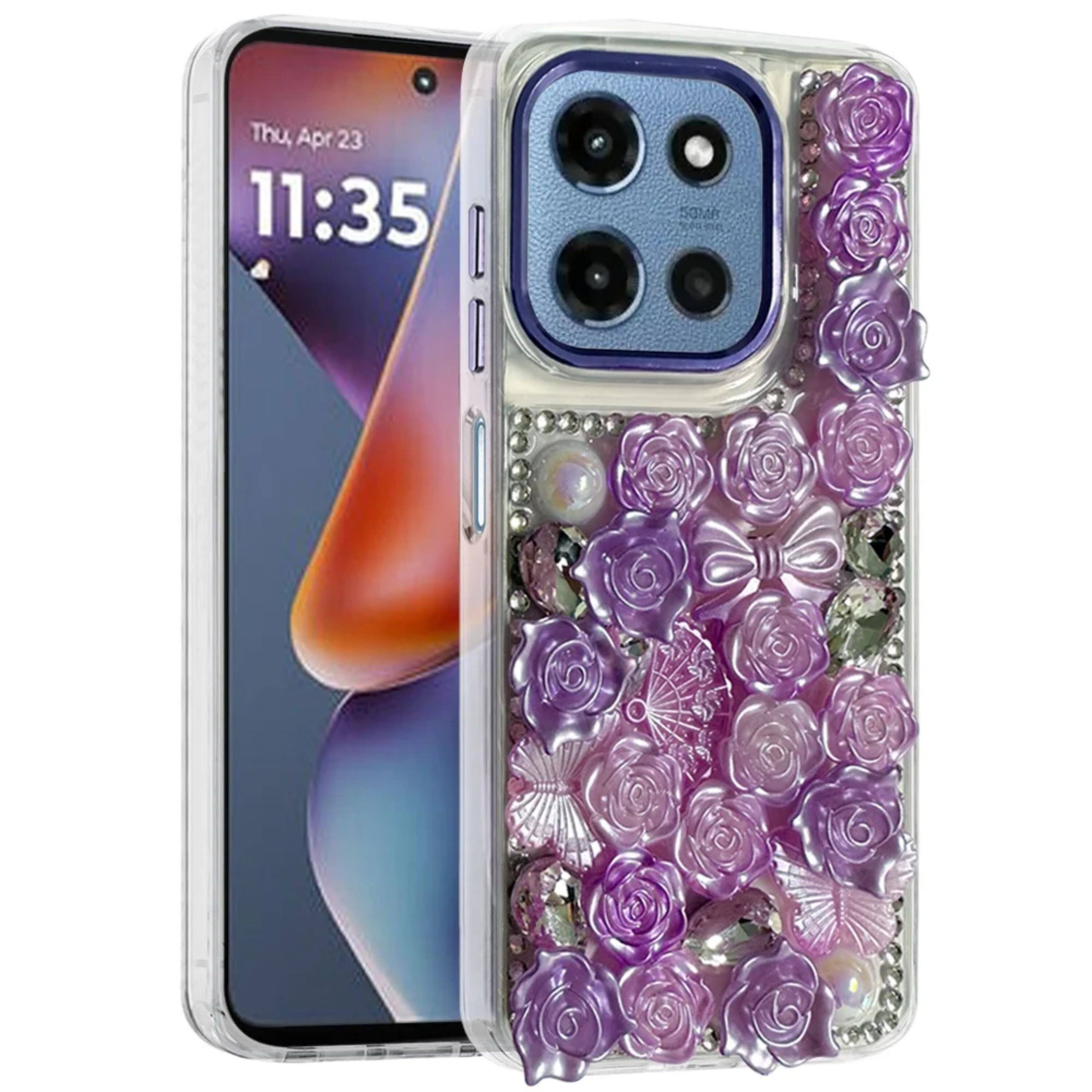 Kitcheniva - Stunning 3D Floral Glitter Phone Cover With Tempered Glass For Moto G 2025/2026/G Play 2026 - Purple price history on PriceWatchPro