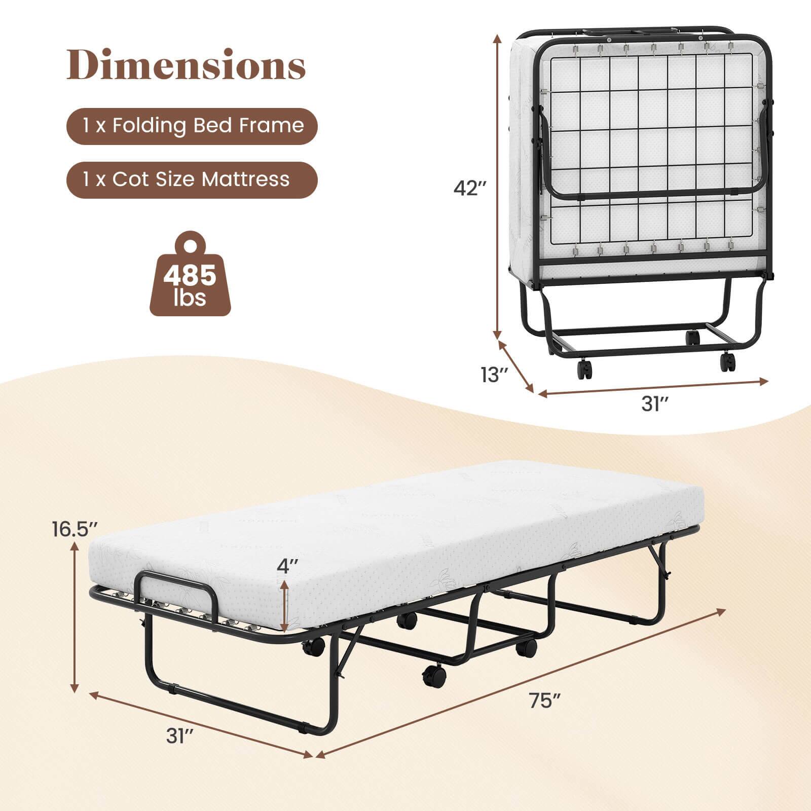 Dimensions: 1 x Folding Bed Frame, 1 x Cot Size Mattress, 42", 13", 31", 16.5", 4", 75", 31", 485 lbs