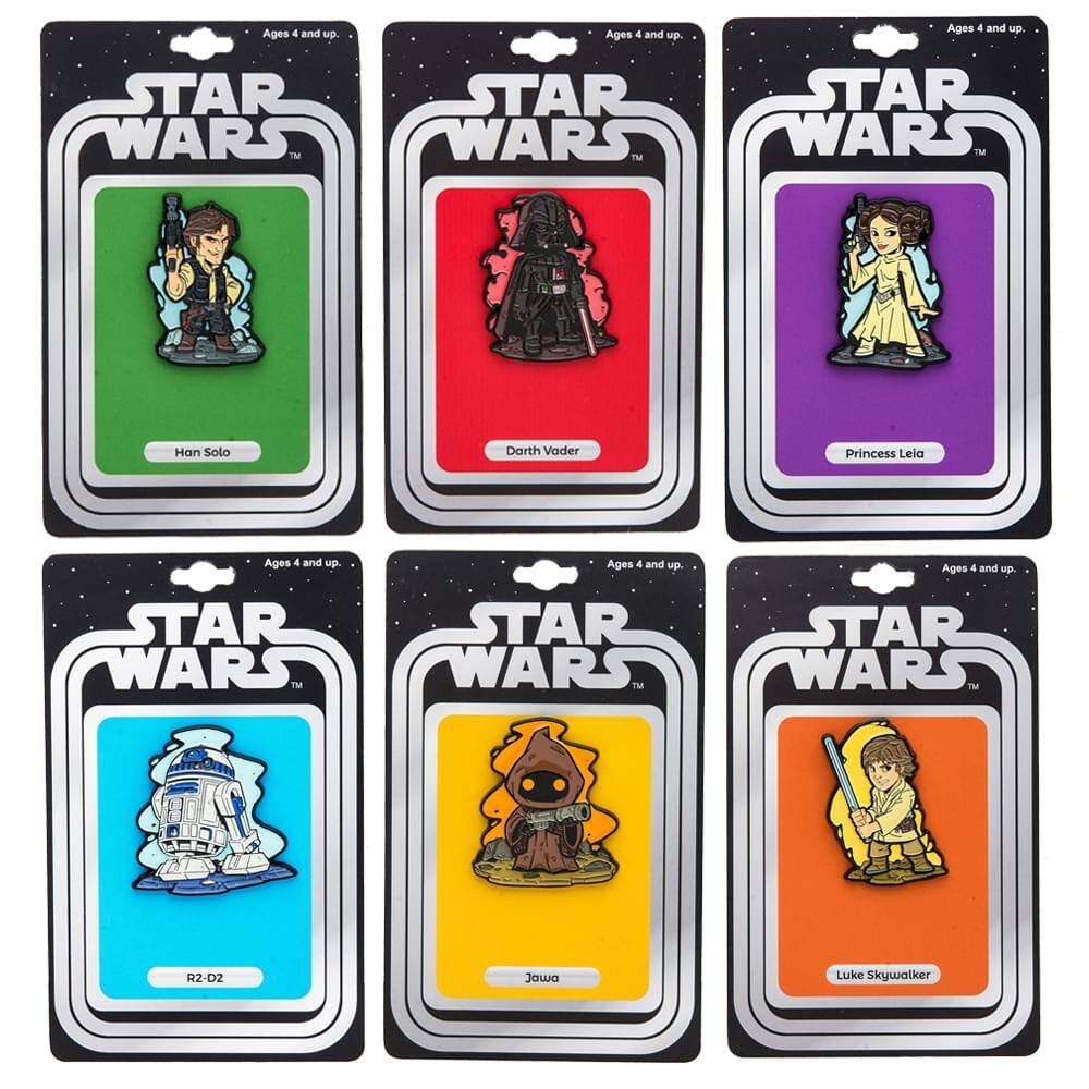 Ages 4 and up.  
STAR WARS™  
Han Solo  

Ages 4 and up.  
STAR WARS™  
Darth Vader  

Ages 4 and up.  
STAR WARS™  
Princess Leia  

Ages 4 and up.  
STAR WARS™  
R2-D2  

Ages 4 and up.  
STAR WARS™  
Jawa  

Ages 4 and up.  
STAR WARS™  
Luke Skywalker