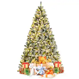 Gymax - 8 FT Pre-lit Artificial Christmas Tree Snow Flocked Full Xmas Tree - Green