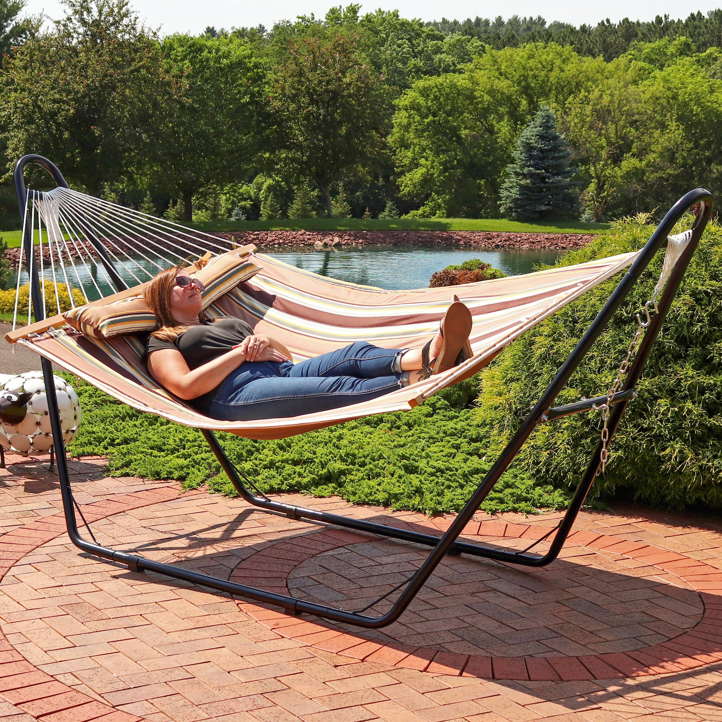 Alt View 7. Sunnydaze - 2-Person Quilted Fabric Hammock with Spreader Bars - Sandy Beach.